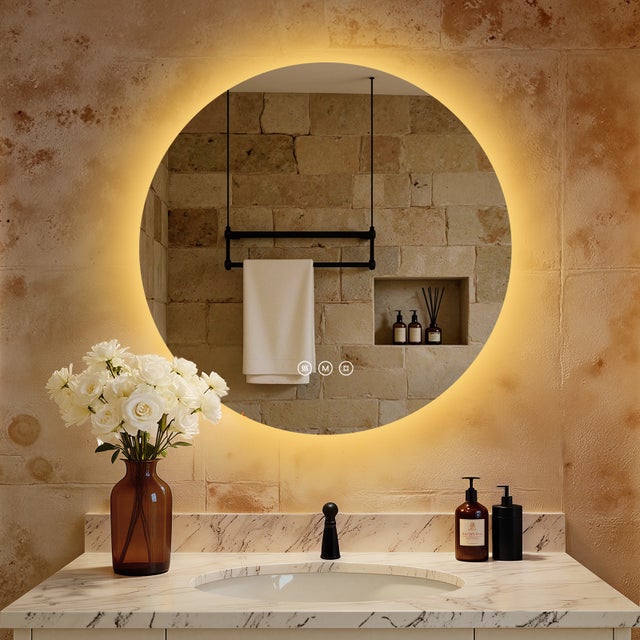 Specchio bagno con luce rotondo 70 cm, specchio bagno retroilluminato LED antiappannamento, interruttore touch, 3 colori, memoria