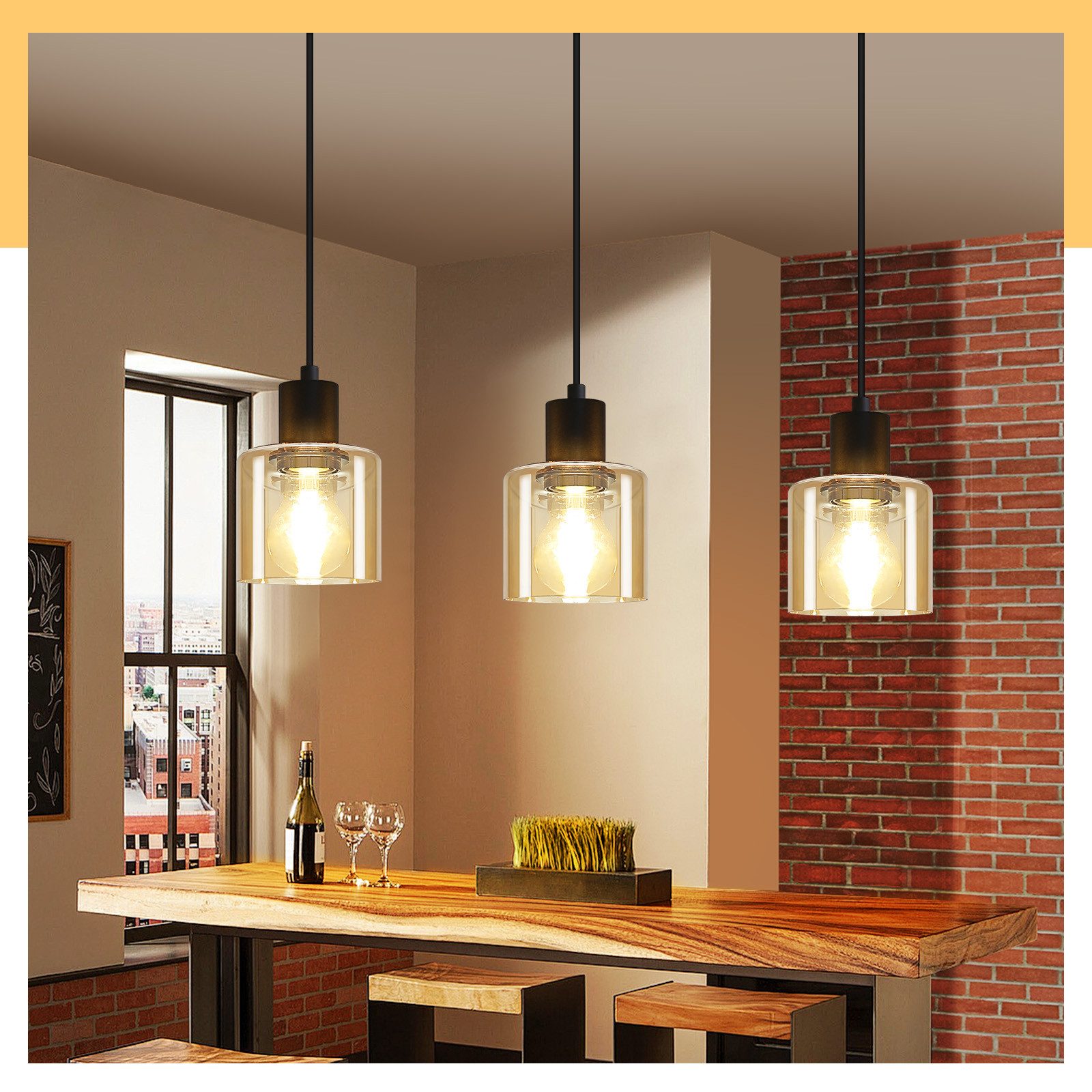 ZMH Candeeiro de teto suspenso E27 3 LUZES Vintage Preto - 8