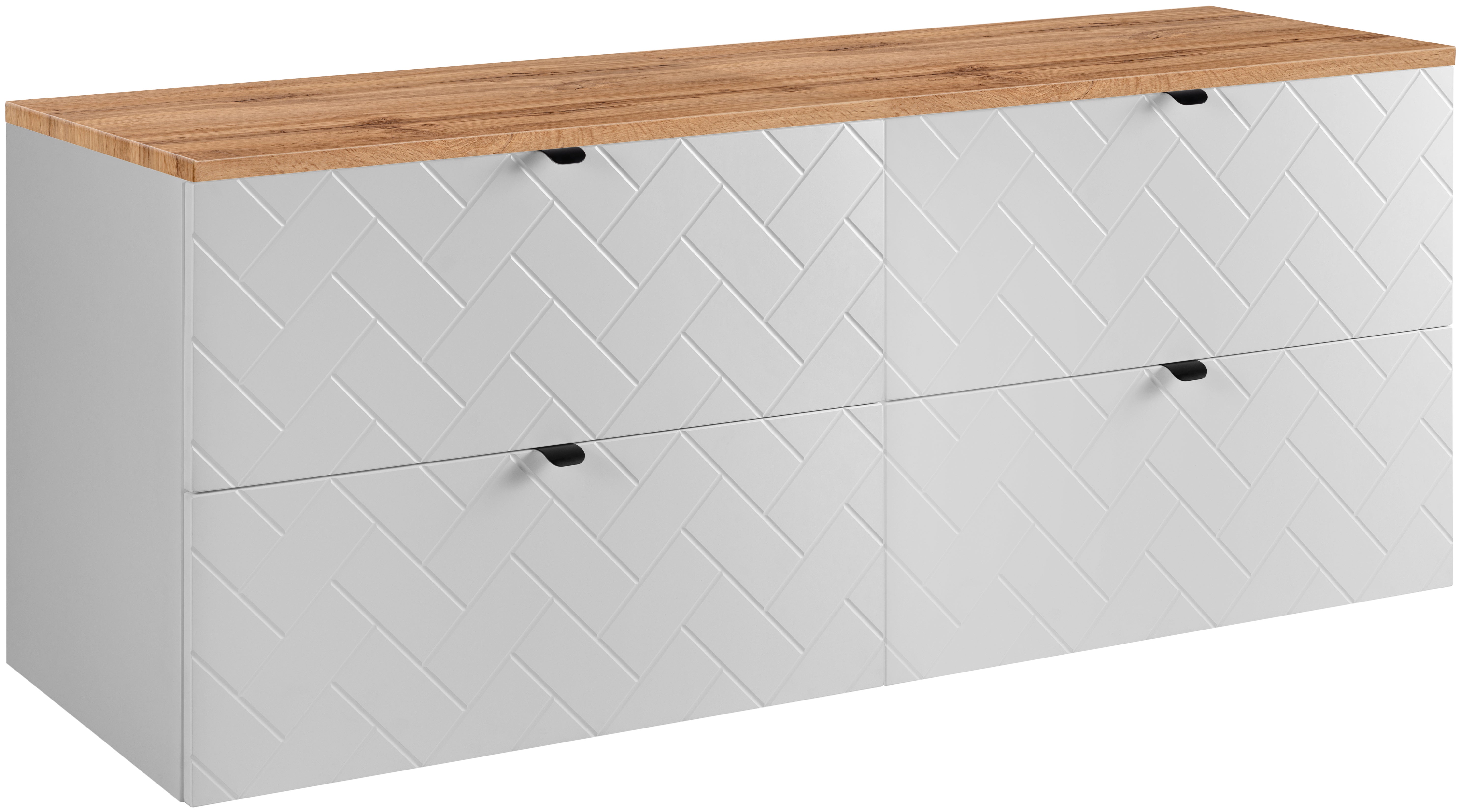 Biała szafka pod umywalkę MADIS 160 cm z blatem dąb wotan, wisząca, frezowane fronty