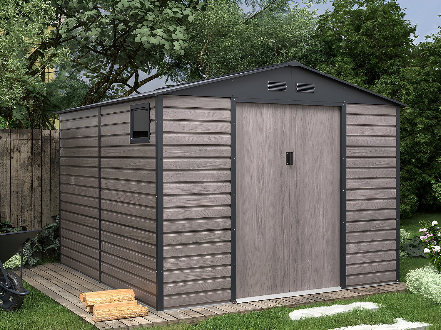 Wiata ogrodowa ADELMO ze stali galwanizowanej, drewnopodobnej – kolor szary – 8,94m²