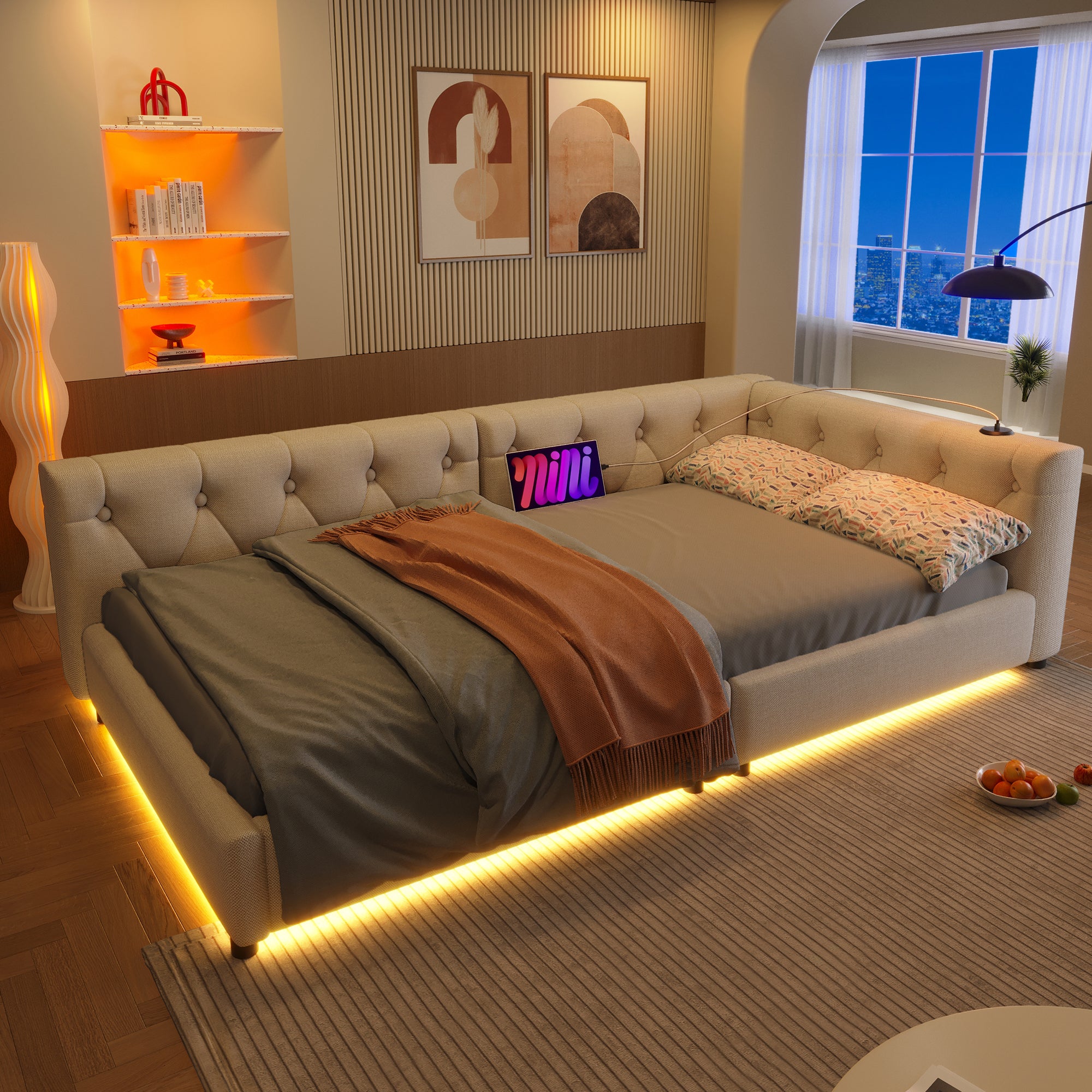 Sofa rozkładana 90x200 cm - z oświetleniem LED - USB + Typ C - lniana - z stelażem - beżowa (materac nie jest wliczony w cenę)