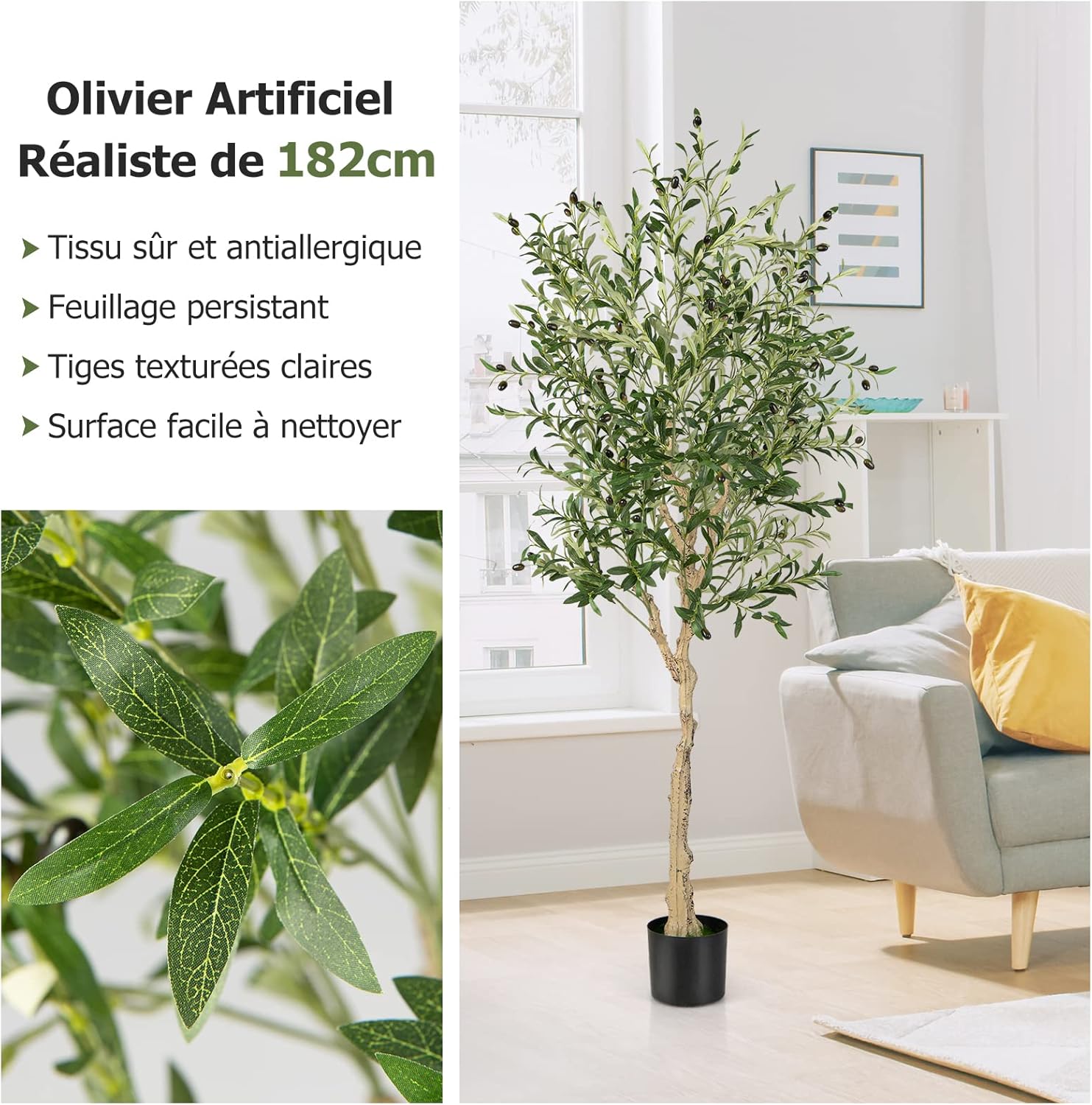 Lot de 1 Plante Artificielle en Pot Hauteur 185CM, Olivier Artificiel 1296 Feuilles en Soie 72 Fruits avec Base de Ciment Décoration - 7