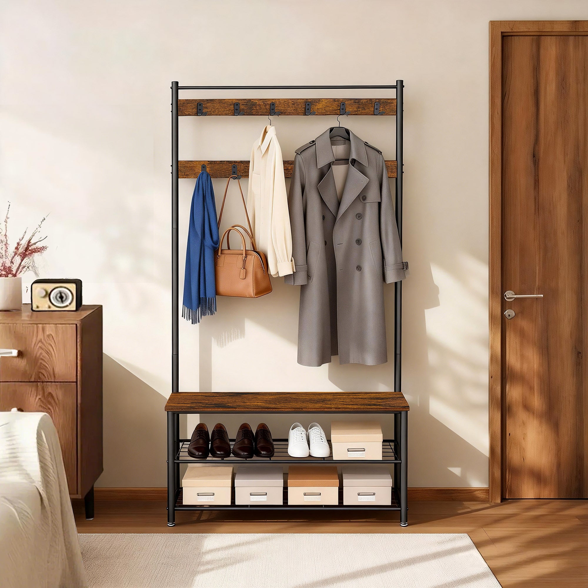 Portemanteau d’Entrée avec Banc de Rangement à Chaussures, 85 x 32 x 175 cm, Marron et Noir - 4