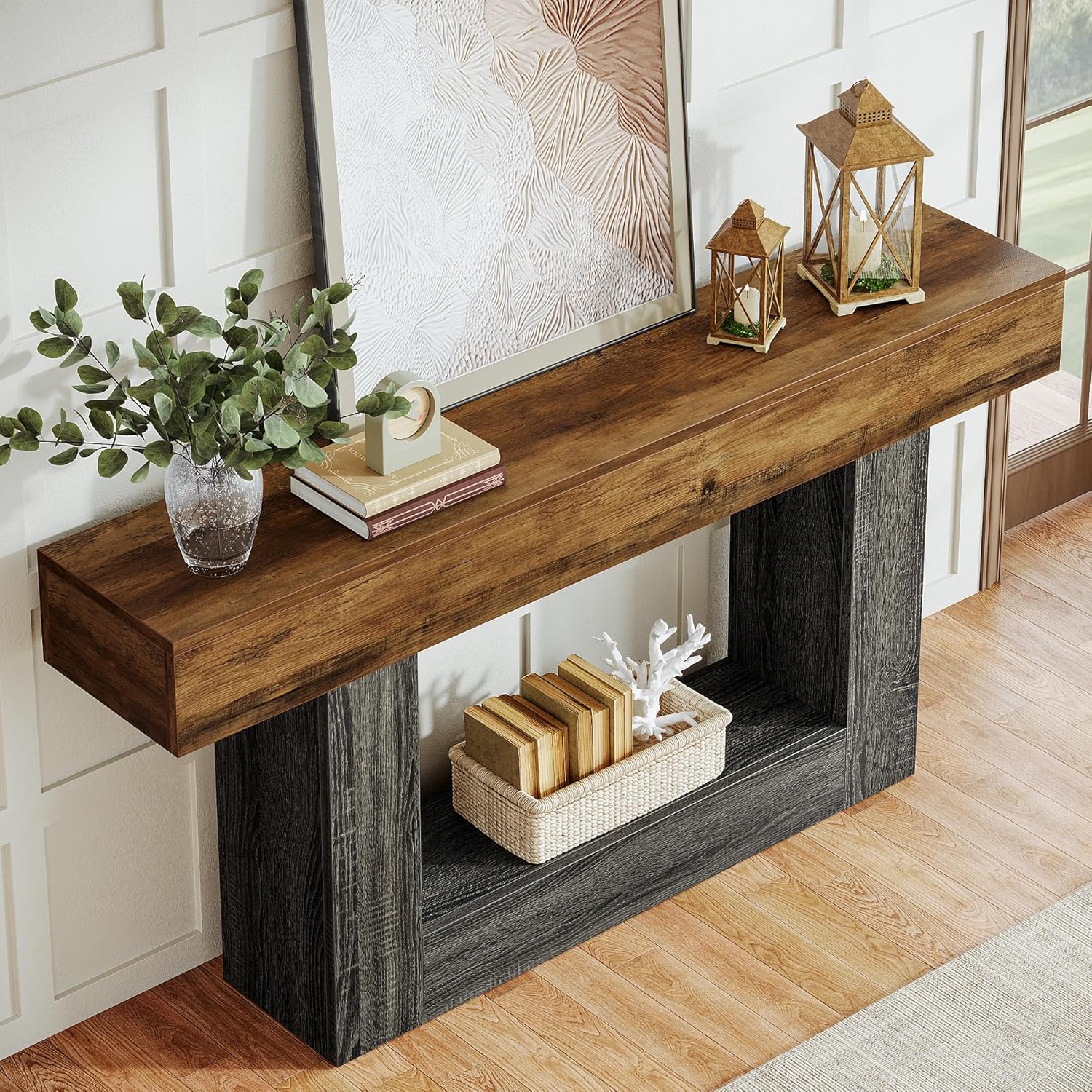 Tribesigns Console , 160*30*80cm, table d'entrée à 2 niveaux, table de canapé avec rangement, table basse en bois pour salon et couloir - 8