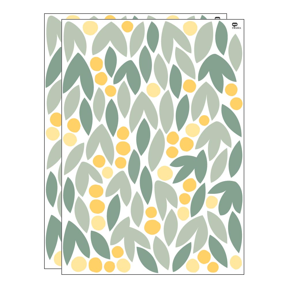 Adhesivo decorativo hojas margarita verde y amarillo 2 laminas = 194 piezas