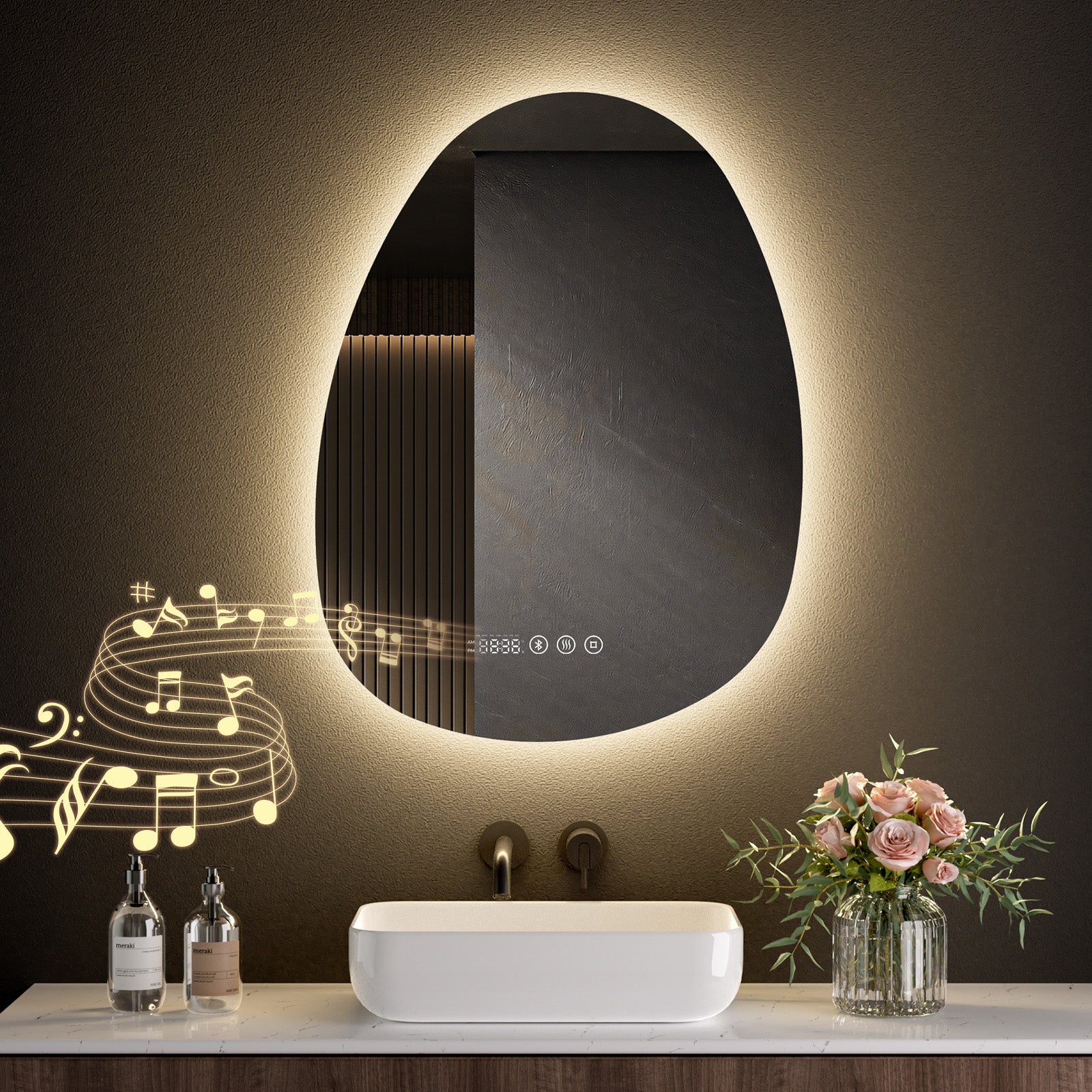 Lustro łazienkowe LED asymetryczne 45 × 60 cm – 3 kolory światła, przeciwmgielne, Bluetooth, zegar - S'AFIELINA