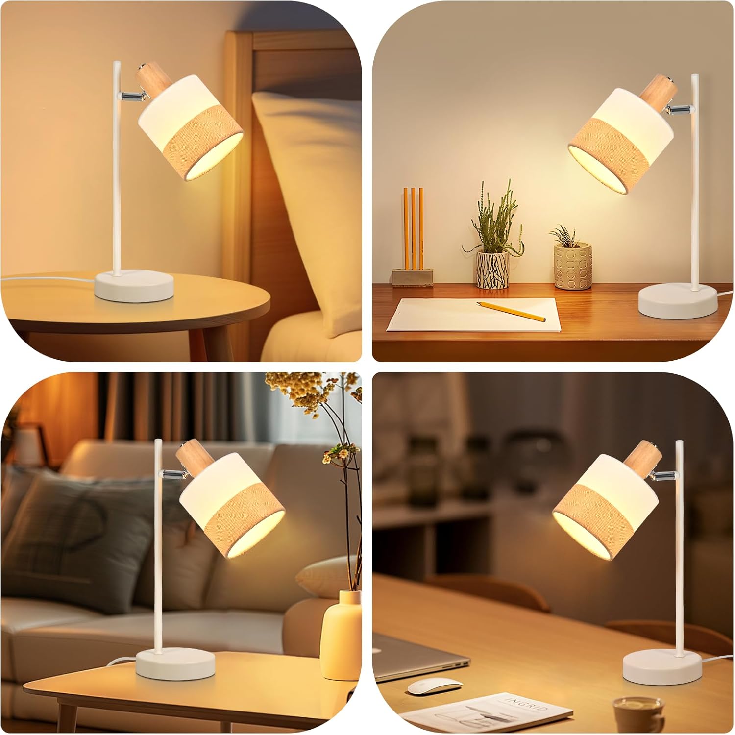Nettlife Lampa Stołowa Vintage Drewno E14, Klosz Tkanina, Obrotowa, Rustykalna do Sypialni i Biura (Brak żarówki) - 8