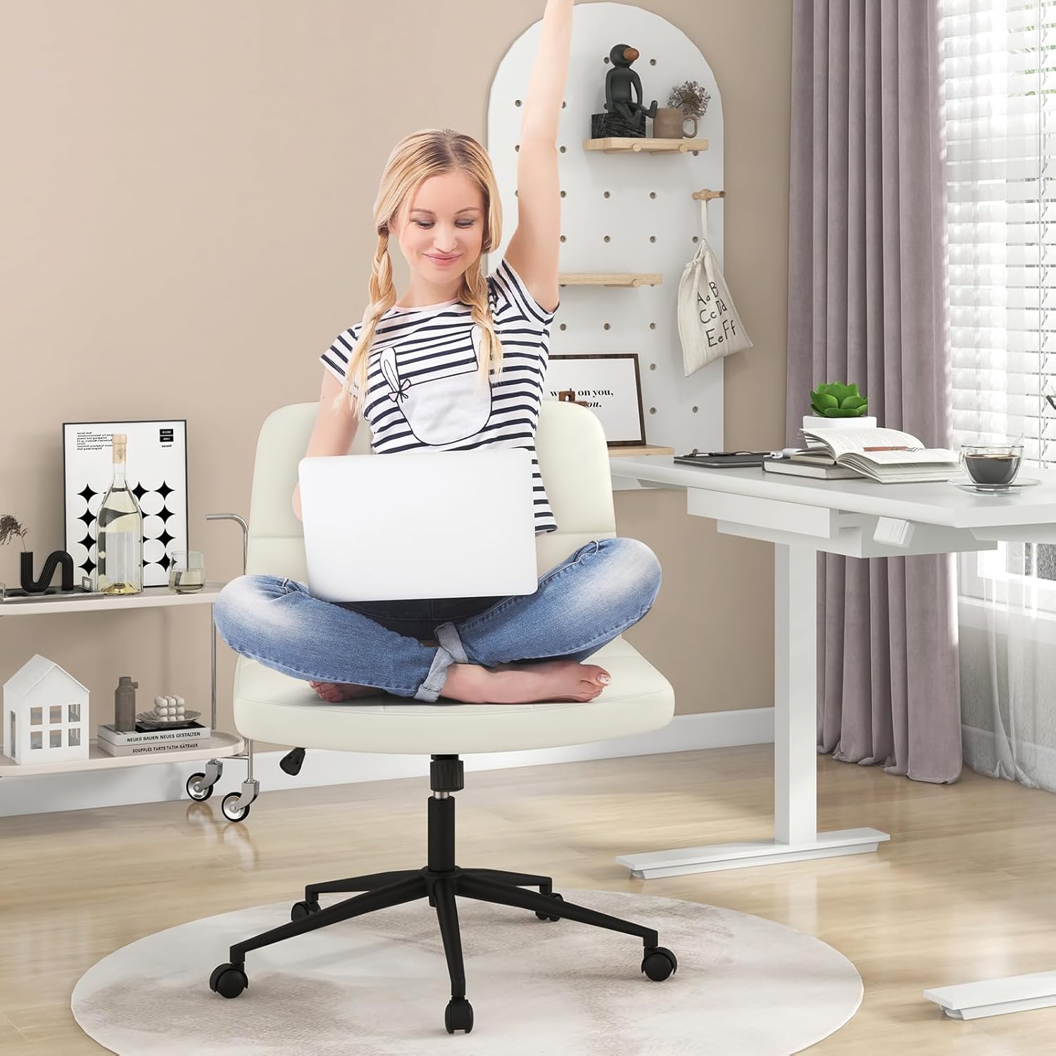 Sedia da Ufficio con Ruote, Sedia Scrivania a Gambe Incrociate Rivestita in PU, Sedia Ufficio con Altezza e Regolabile Regolabile, Sedai senza - 2