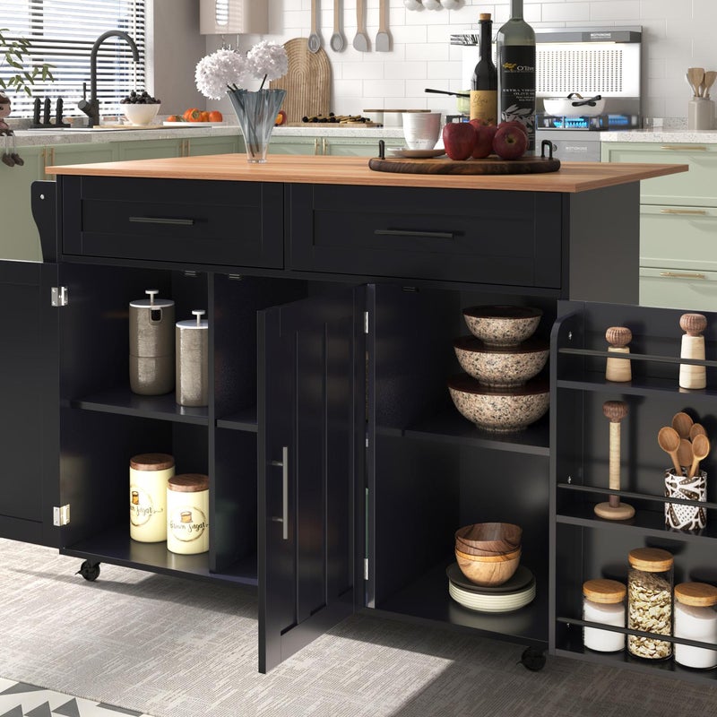 Wózek do serwowania ze składaną konsolą - 2 szuflady + drzwiczki szafki - Czarny