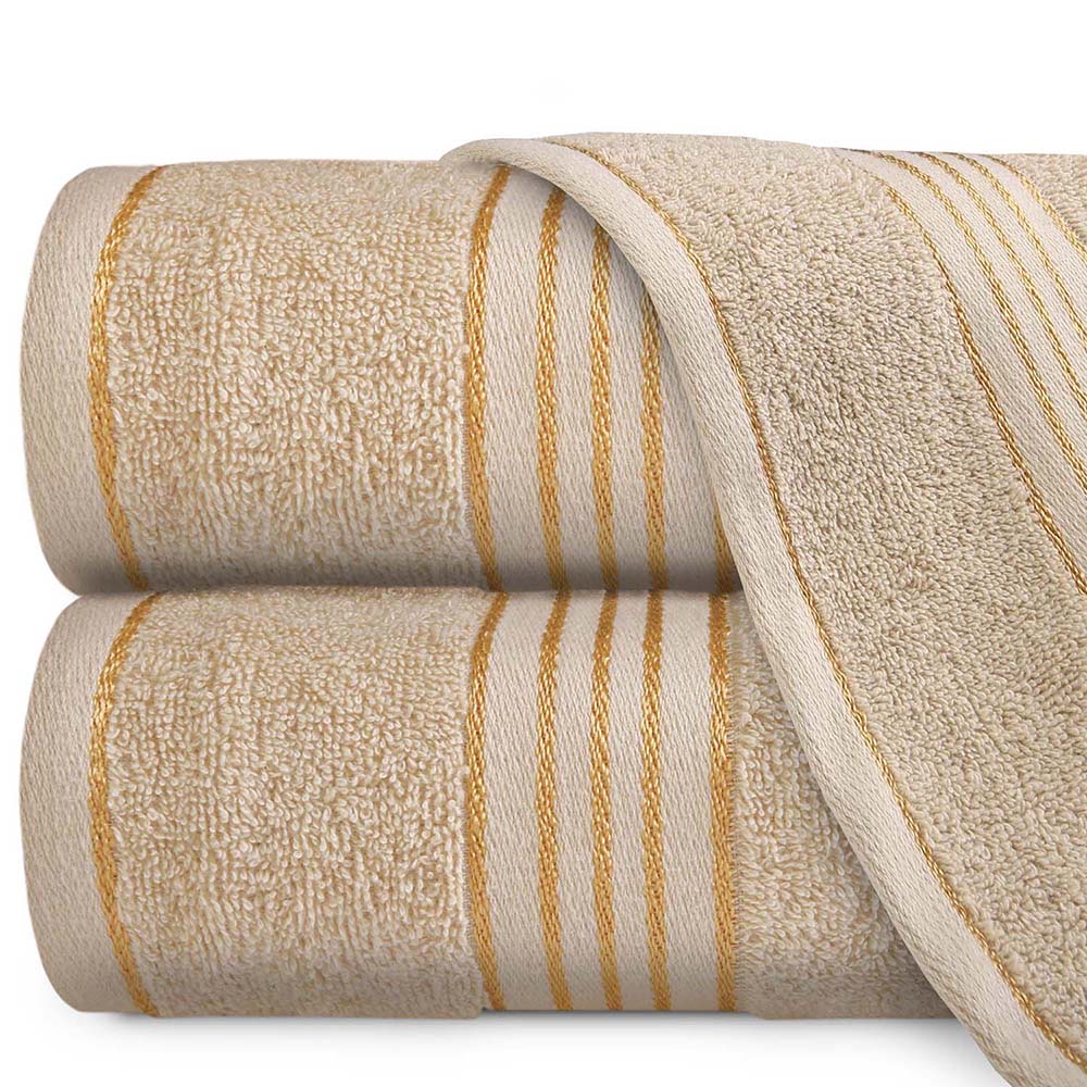 Ręcznik kąpielowy 70x140 cm bawełniany kolor beżowy z bordiurą w złote paski 500 g/m2 TIWANO - Darymex