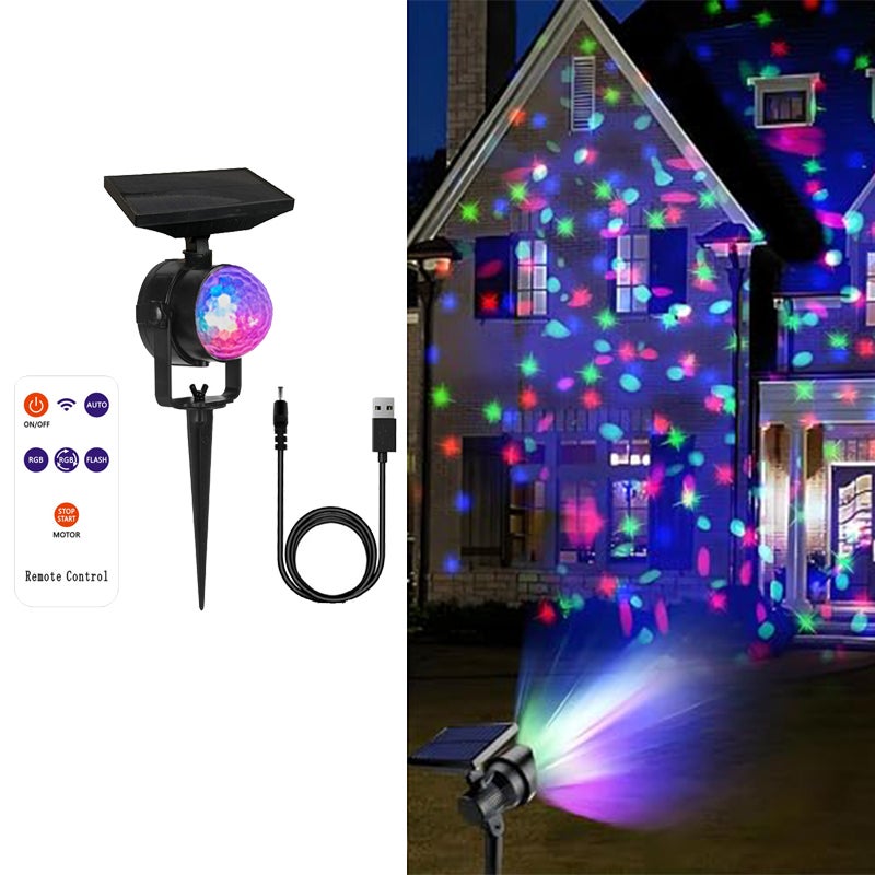 Dekoracyjny projektor LED zewnętrzny, wodoszczelna lampa solarna 2 w 1, oświetlenie kolorowe RGB (pilot)