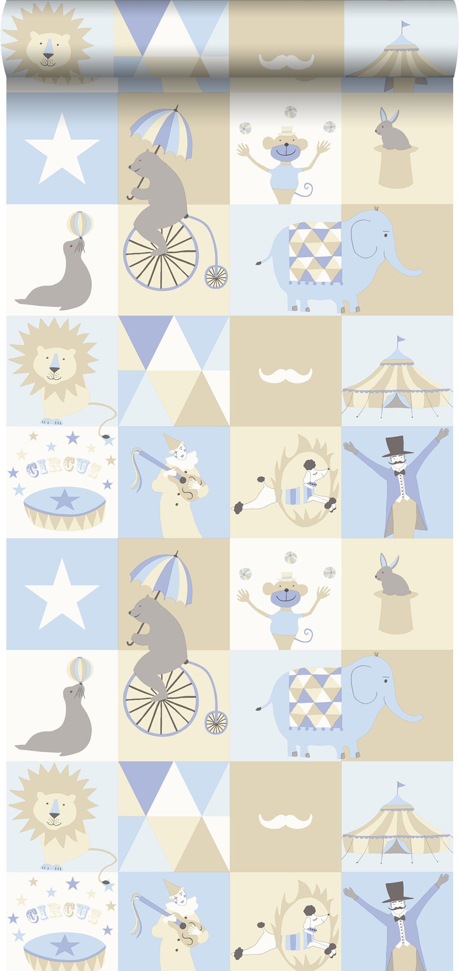 Papel pintado circo azul claro, beige y blanco - 53 cm x 10,05 m - estahome