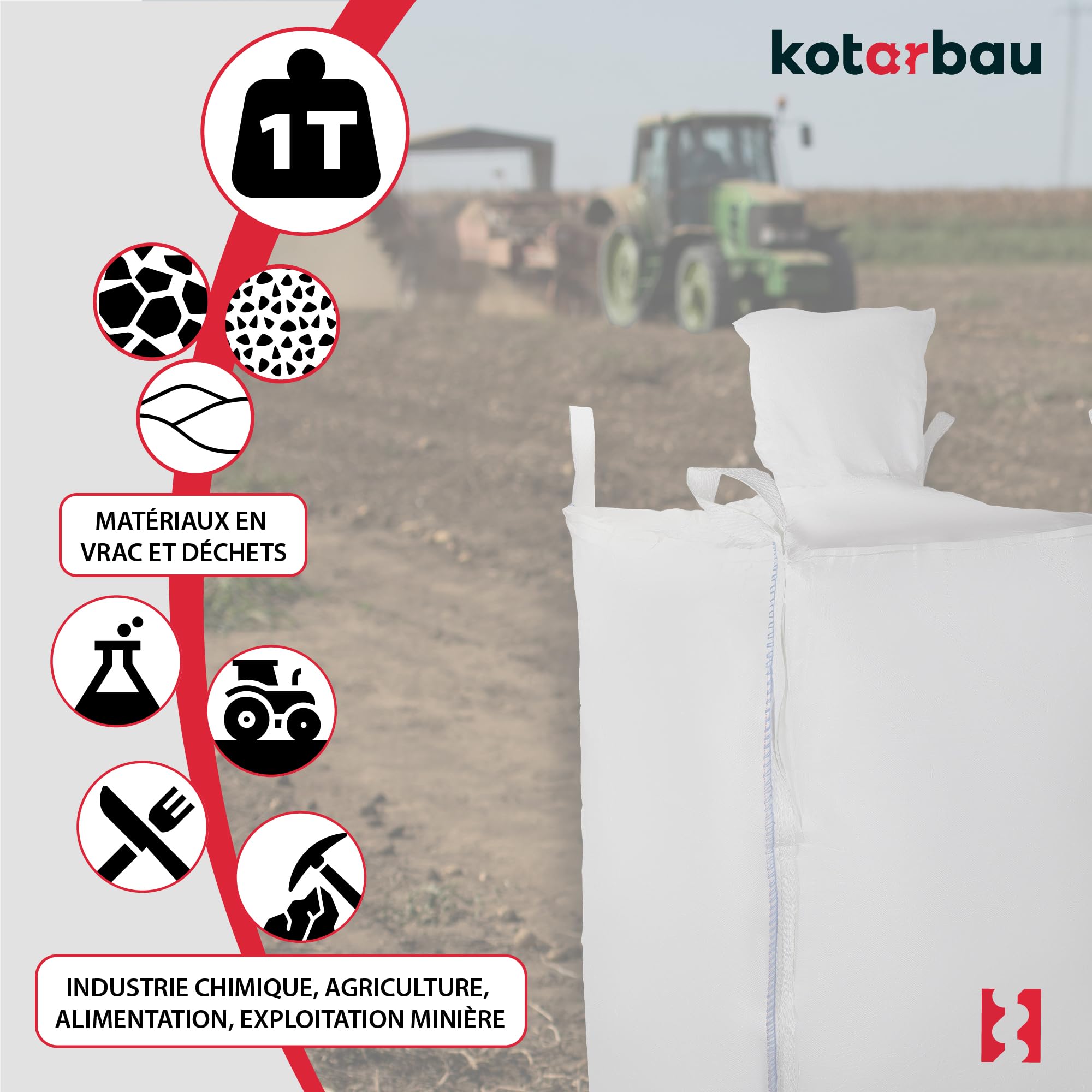 Sac Big Bag Vide, Sac Gravat Chantier 90 x 90 x 160 cm 1000 kg avec trémie de vidange - KOTARBAU - 5