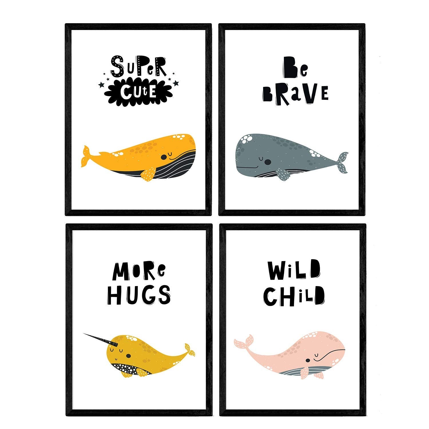 Pack de cuatro posters con ilustraciones de ballenas láminas con imágenes infantiles de ballenas ballenas palabras abrazo salvaje bonito y valiente