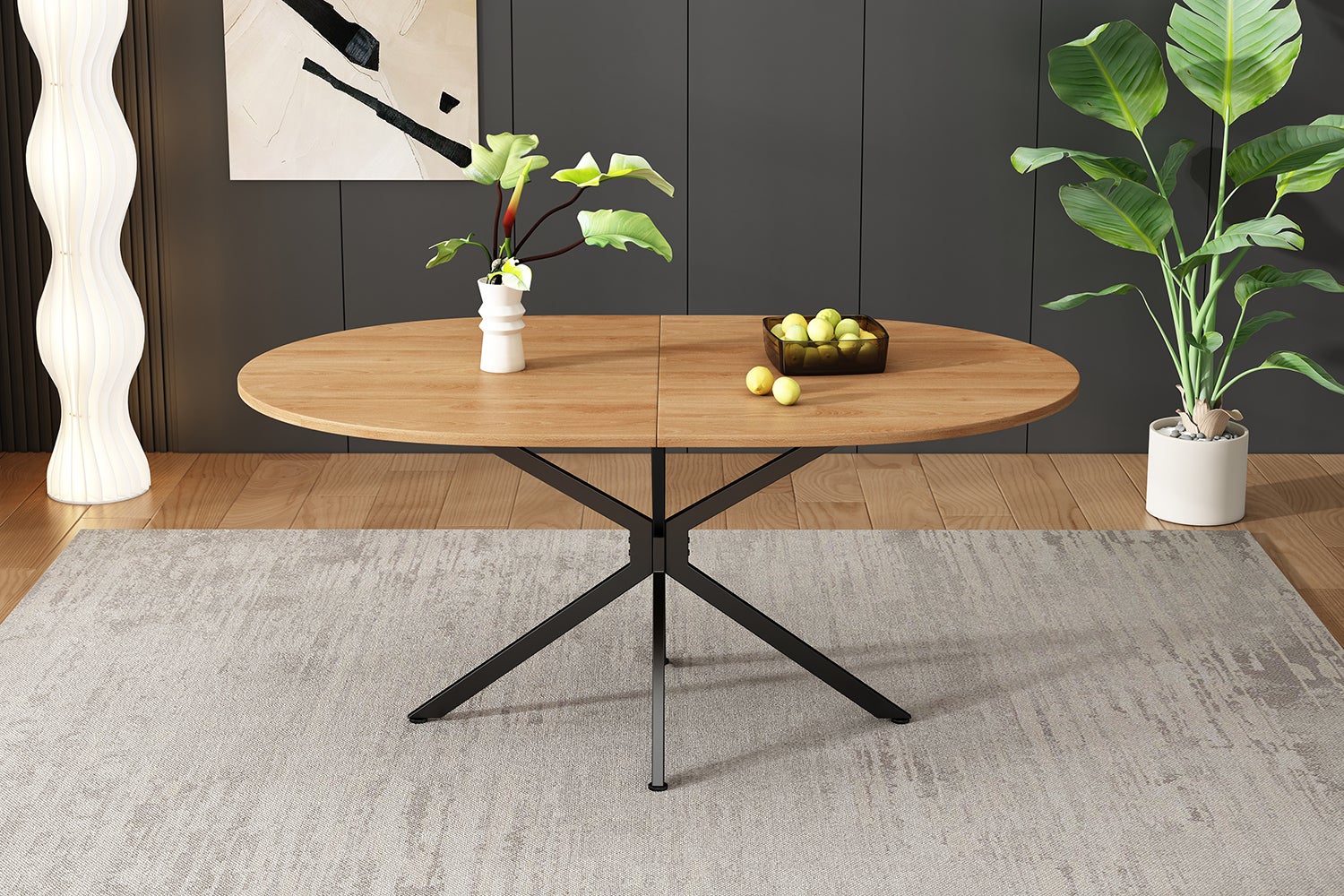 Table à manger ovale 4 à 6 couvert - 120 x 80 x 75.5 - MDF et pièds en métal - Naturel - 8