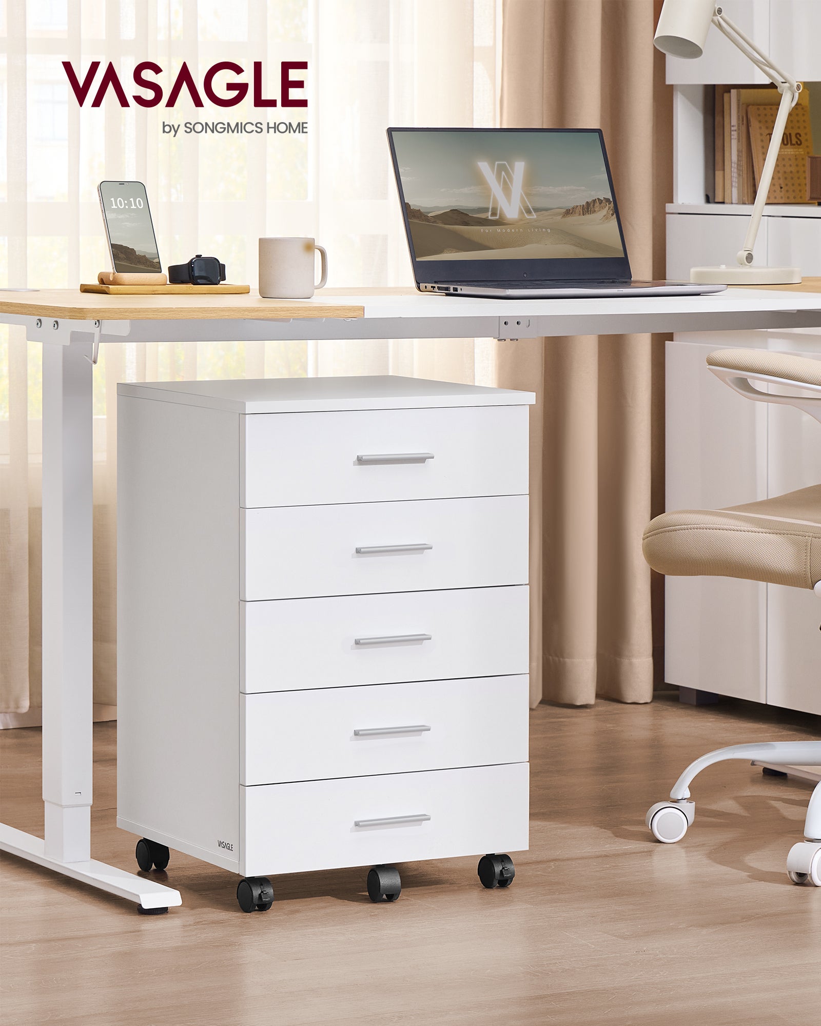 Caisson de Bureau à Roulettes, Meuble de Rangement, Support pour Imprimante, avec 5 Tiroirs, Rails Coulissants, pour Bureau, Télétravail, Blanc Nuage - 2