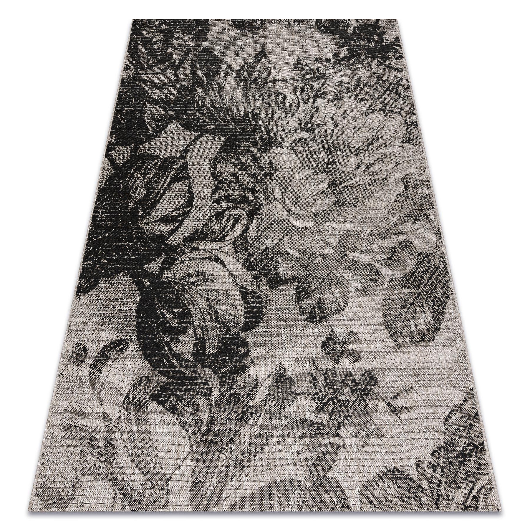 DYWAN SZNURKOWY SIZAL FLOORLUX 20491 KWIATY srebrny / czarny 120x170 cm