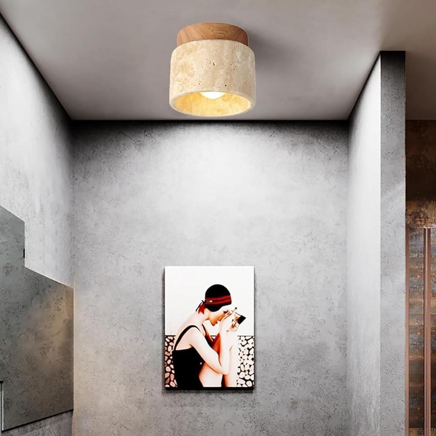 Plafonnier Luminaire Vintage Créativité, Travertin Jaune Naturel Abat-jour Lampe de plafond Bois Suspension Pour Salon Cuisine Couloir Chambre - 6