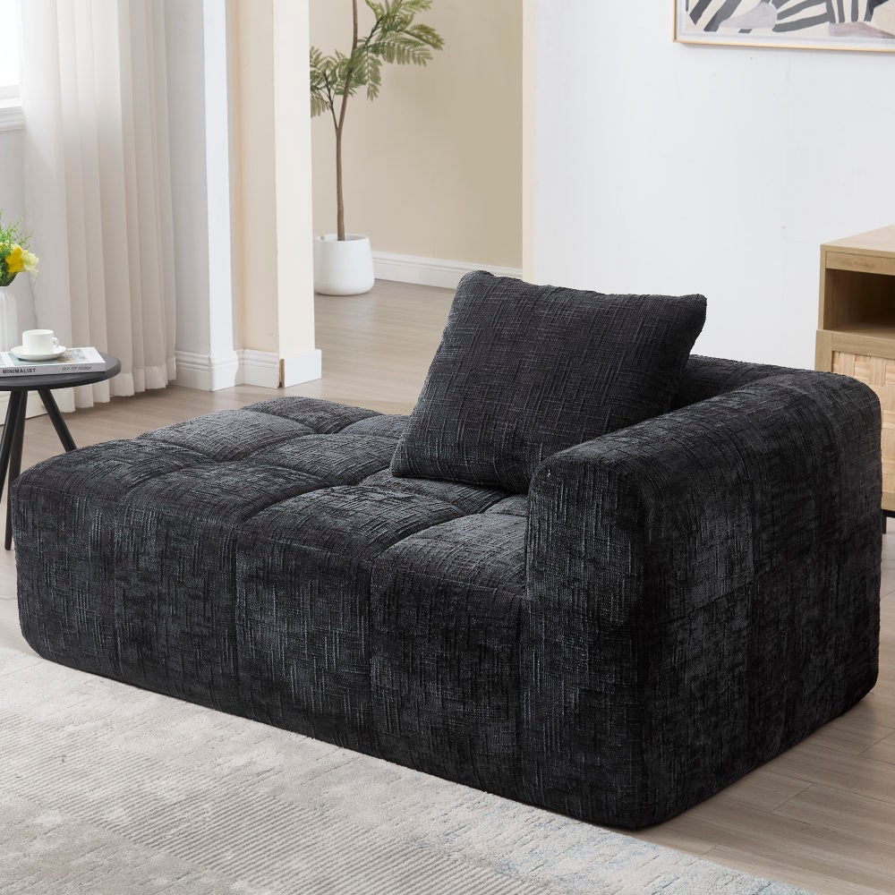Sofa leżanka, wygodna, nie wymaga montażu, z poduszkami, kieszeniami bocznymi, czarna