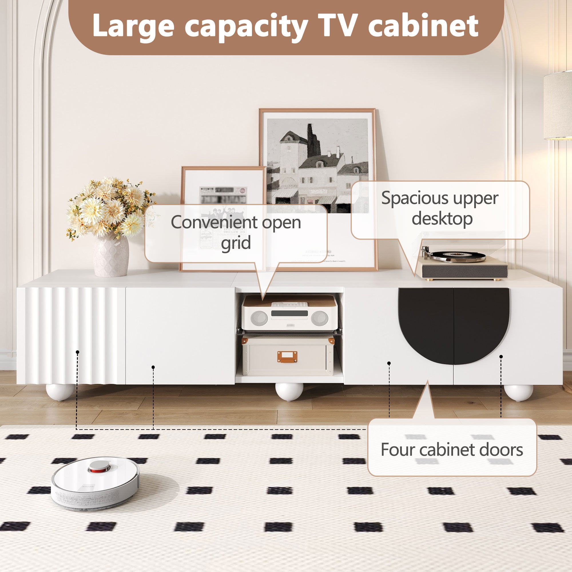 Nowoczesna szafka RTV z 4 drzwiami i 2 półkami - 180 x 40 x 41,5 cm - Płyta wiórowa + MDF - Biała - 4