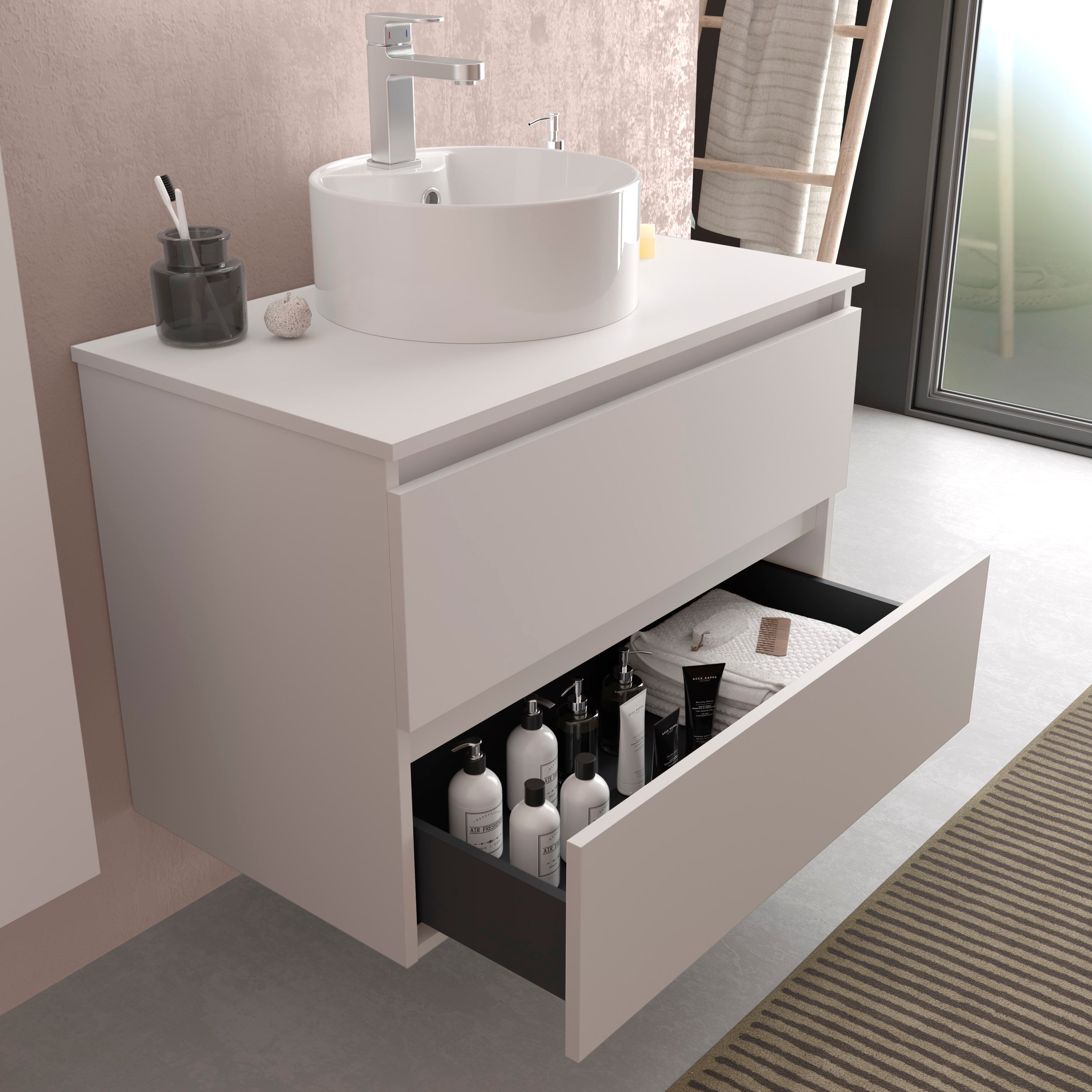 Meuble de salle de bain BEQUIA 100cm Blanc mat | Avec plan toilette (vasque non incluse) - 2