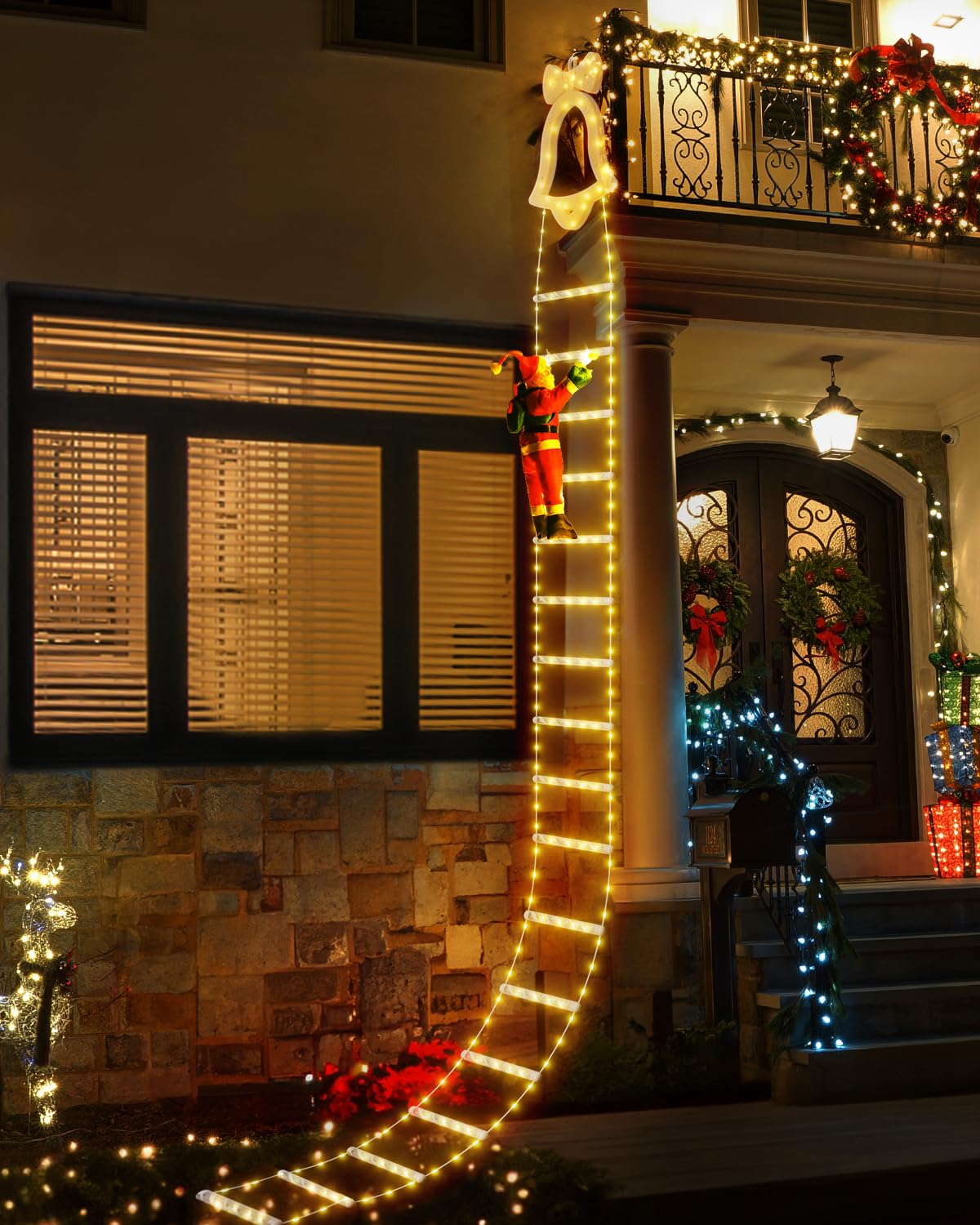 Guirnalda Navideña LED Con Papá Noel Escalando - 3 Metros, 8 Modos De Luz, Control Remoto, Para Interior Y Exterior, Blanco Cálido
