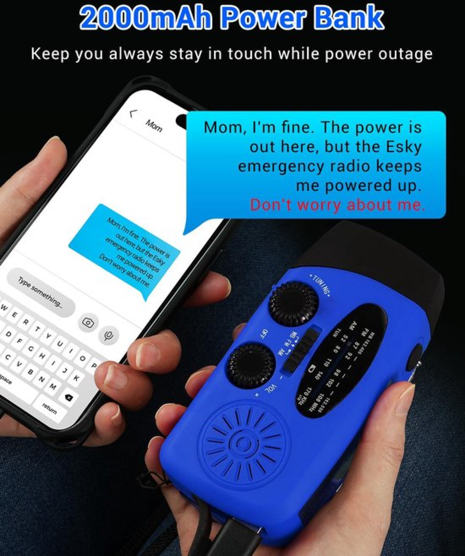 Rádio de emergência com manivela e lanterna LED, rádio portátil AM/FM NOAA com banco de energia de 2000 mAh, azul - 3