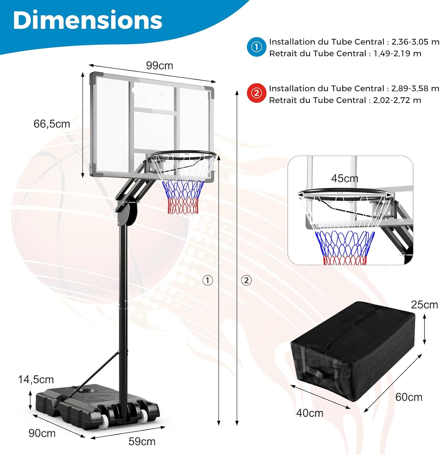 Cesto de basquetebol em suporte Altura ajustável a 10 níveis 149-305 CM, conjunto de basquetebol Base enchível Saco de peso Painel traseiro - 5
