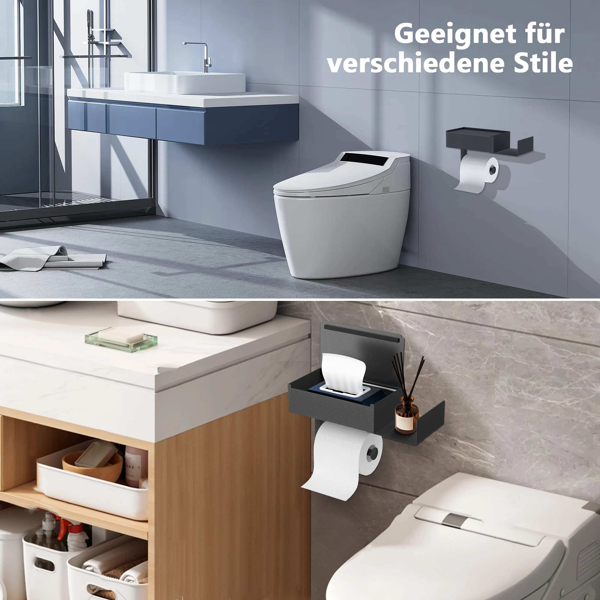 Porte-papier toilette aucun perçage requis, porte-papier toilette avec boîte et plateau de lingettes humides, porte-rouleau de papier toilette - 5