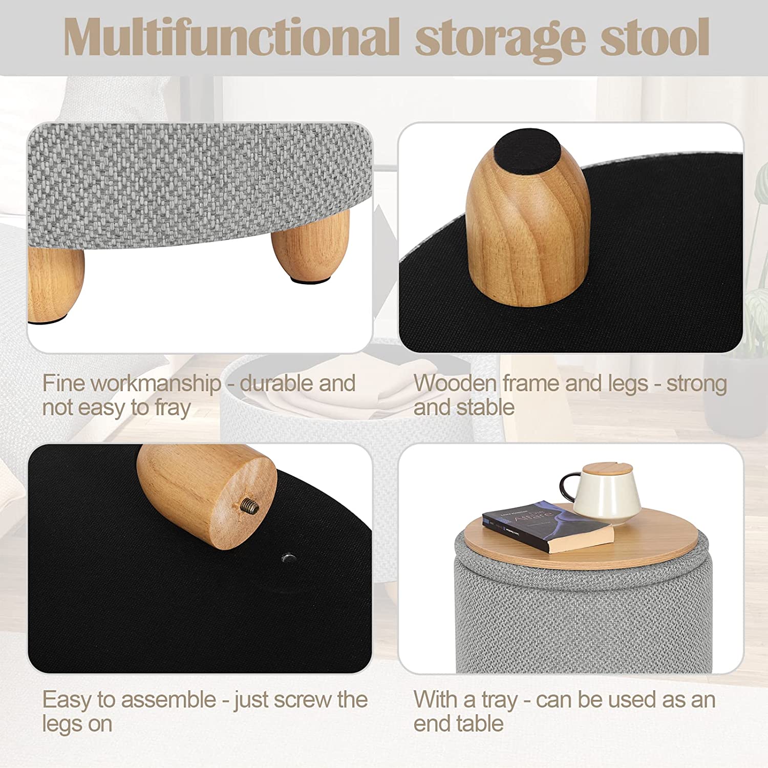 WOLTU Pouf de Rangement avec Pieds en Pin,Tabouret Rembourré avec Couvercle,Gain de Place,pour Salon,Chambre,Gris Clair - 4