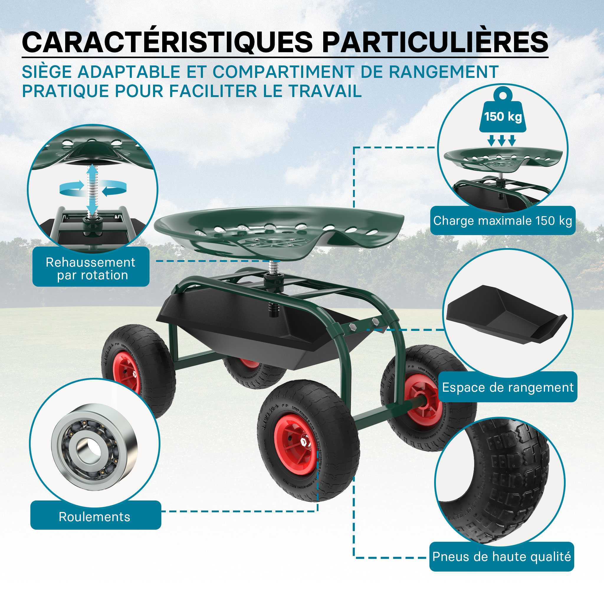 Siège de jardin sur larges roues Charge 150kg max. Chariot coulissant Jardinage Repose-genoux - 7