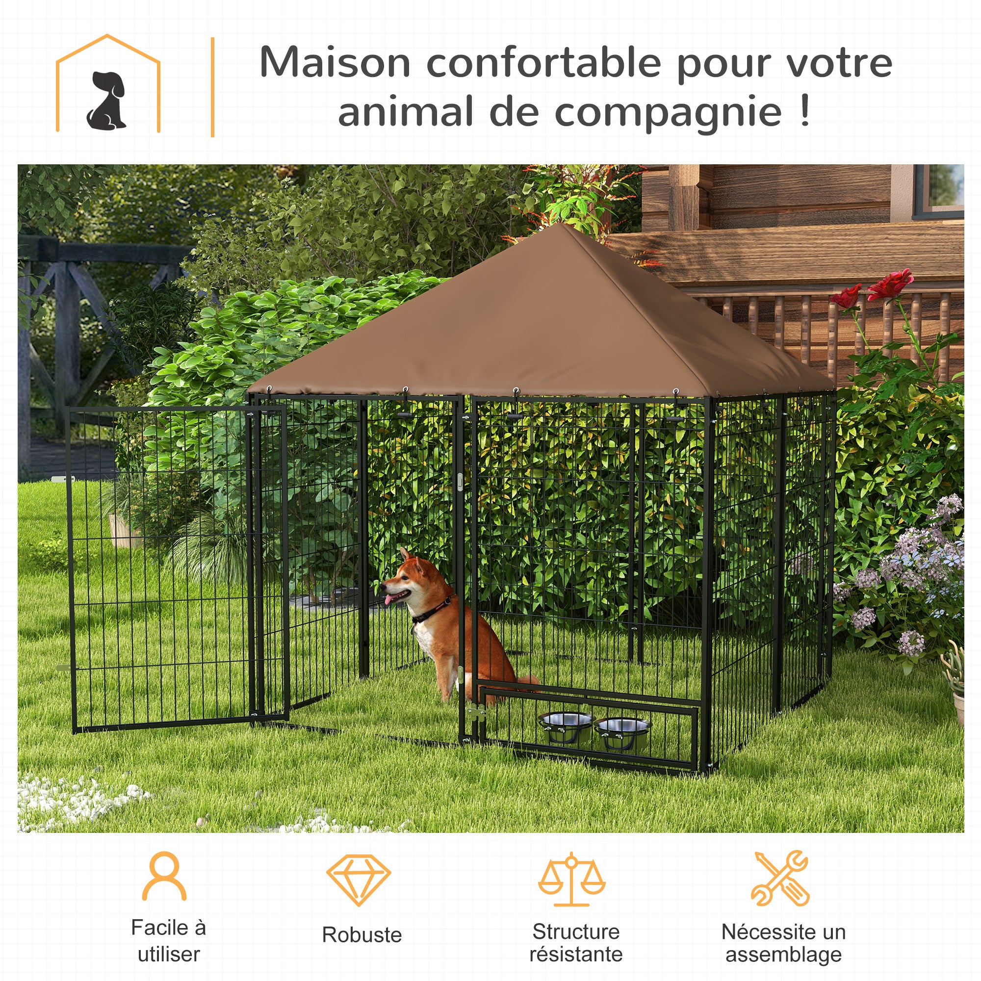 Chenil extérieur pour chiens - PawHut - support gamelle toit résistant intempéries espace spacieux - métal - 141x141x151cm - noir - 4