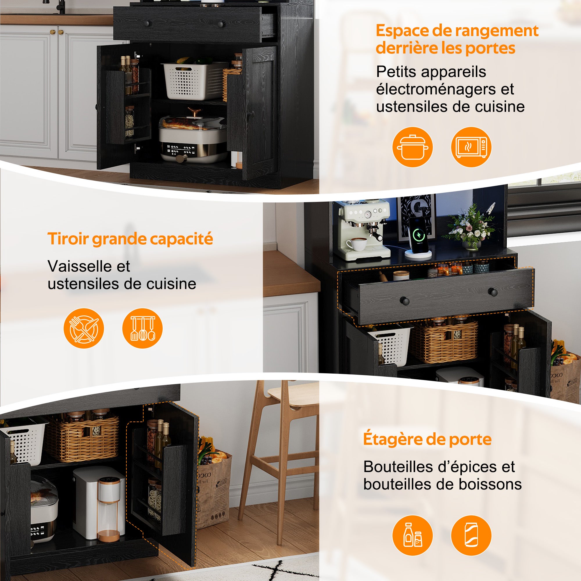 Colonne de cuisine avec tiroir, étagères ouvertes, prises et éclairage ...