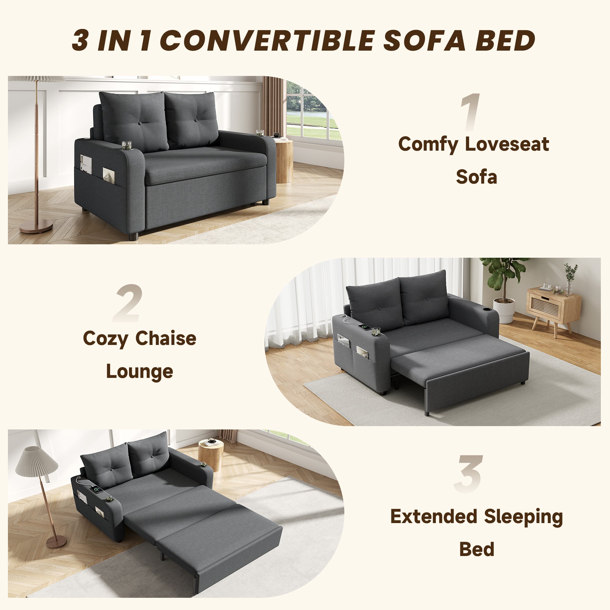 Sofa 2-osobowa z funkcją spania, uchwytem na kubek, portem USB i kieszeniami bocznymi - 131 x 81 x 94 cm - Tapicerka bawełniano-lniana - Szara - 8