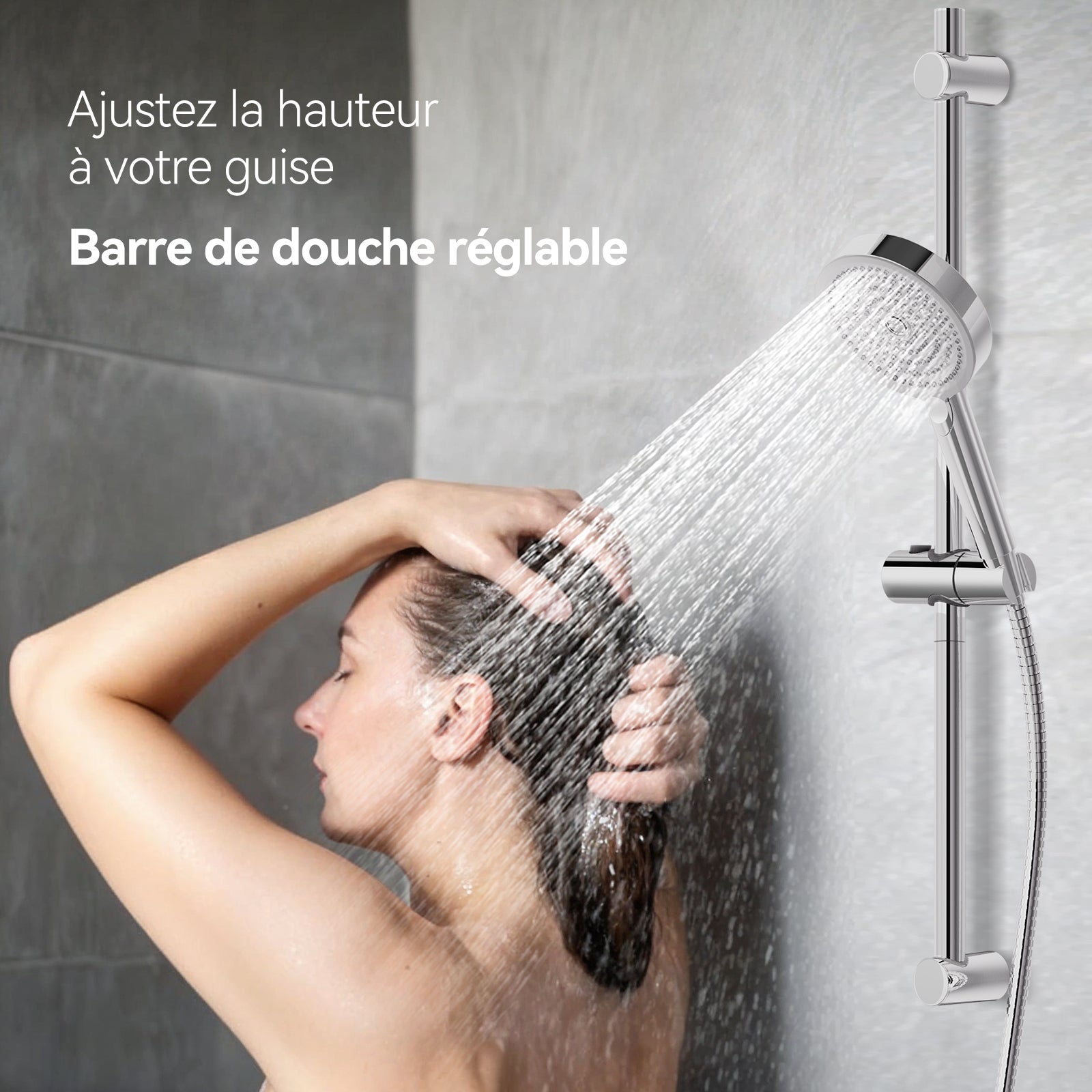 Auralum max Barre Douche Chromé de 90cm en Inox-Support Douchette Réglable Hauteur/Pivotant à 360°,Rail Douche Mural Robuste avec Curseur Coulissant - 3