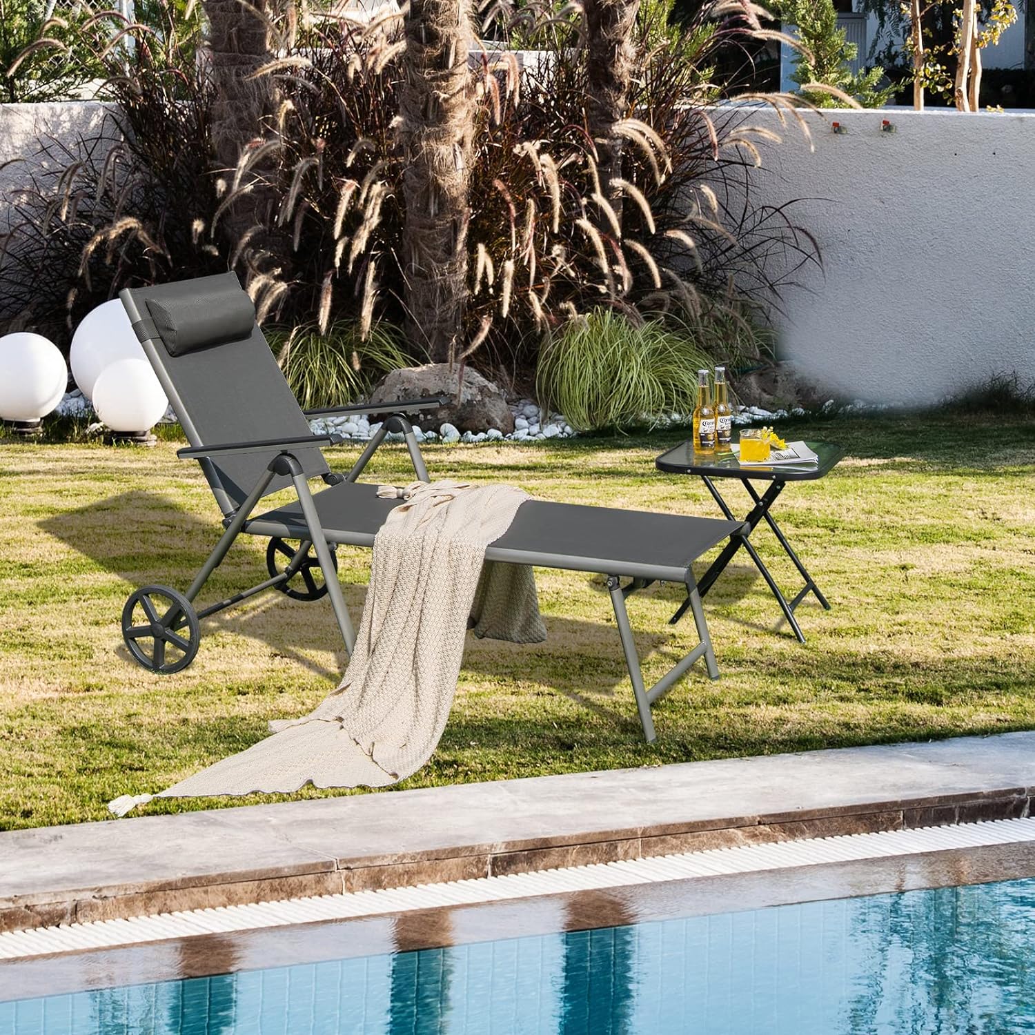 Chaise Longue Pliable de Jardin avec roulettes, Transat Inclinable en Aluminium avec Dossier Réglable à 7 Niveaux & Appui-tête Amovible,Terrasse - 8