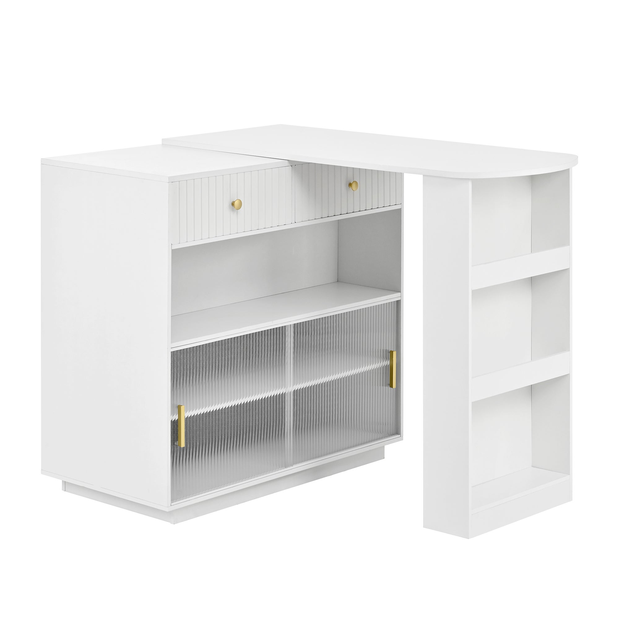 Meuble de bar de cuisine extensible - et rotation à 360° - avec prise - avec espace de rangement et éclairage LED - avec étagères latérales - Blanc - 6