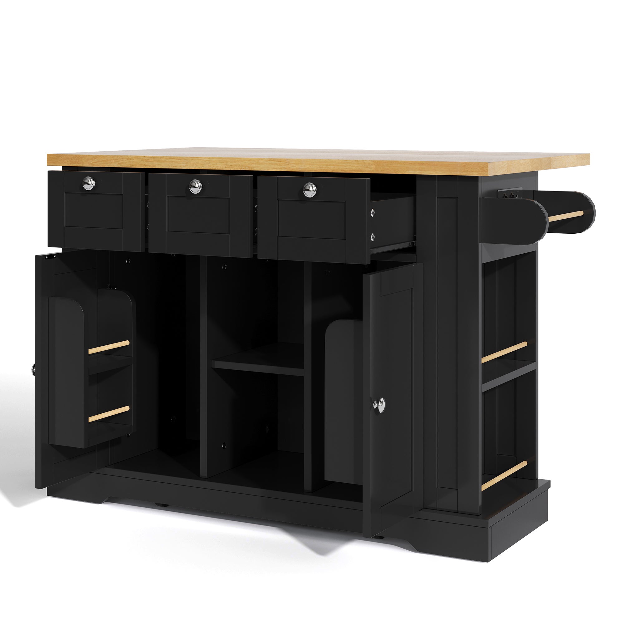 Îlot de Cuisine Mobile 132cm avec Plateau Extensible, Rangement Multifonction, Prise Intégrée, 5 Roues et Porte-Serviette en Bois - 5