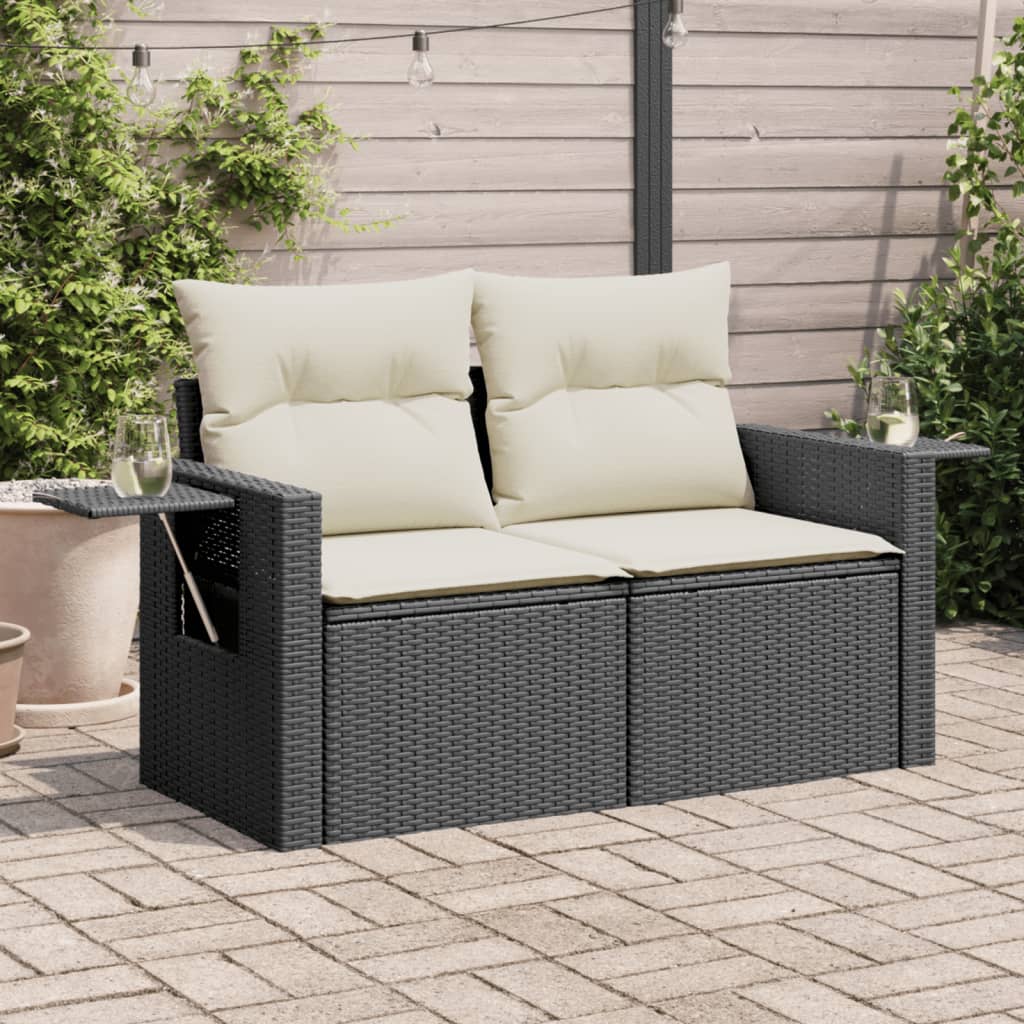 Sofa ogrodowa z poduszkami, 2-osobowa, czarna, polirattan vidaXL