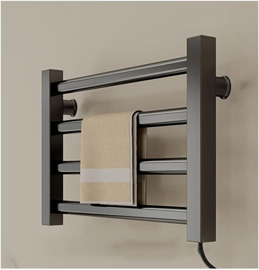 Inteligentny grzejnik ścienny na ręczniki, 80W, etryczny, do łazienki, 4 drążki, wtyczka, czarny.