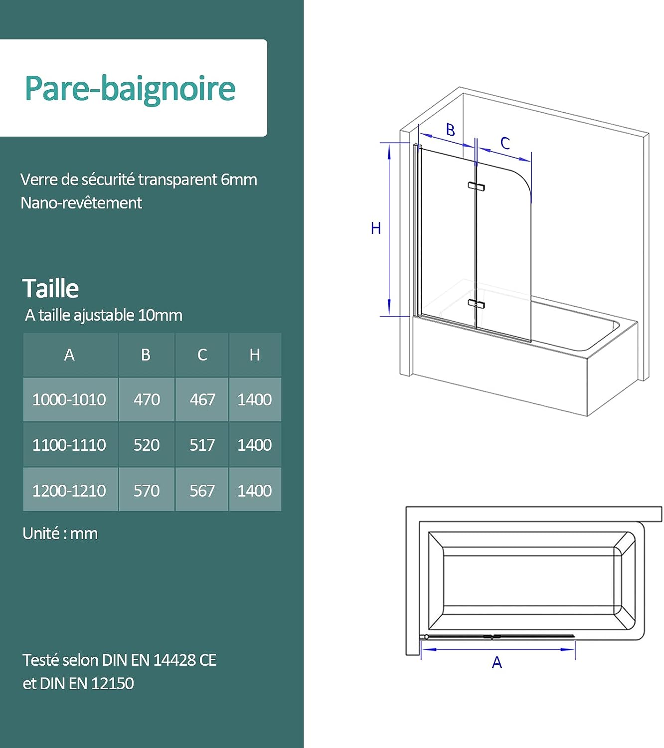 EMKE Pare-baignoire paroi de douche pour baignoire noir mat 2 parties pliable 120x140cm pare-baignoire 6mm NANO GLASS - 5