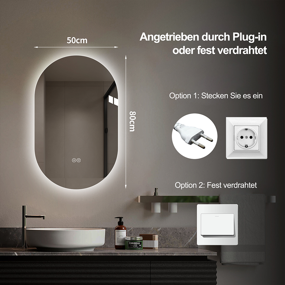 Miroir de Salle de Bain LED 50x80 cm Ovale Sans Cadre avec Éclairage, Anti-Buée 3 Mode Couleur - 6