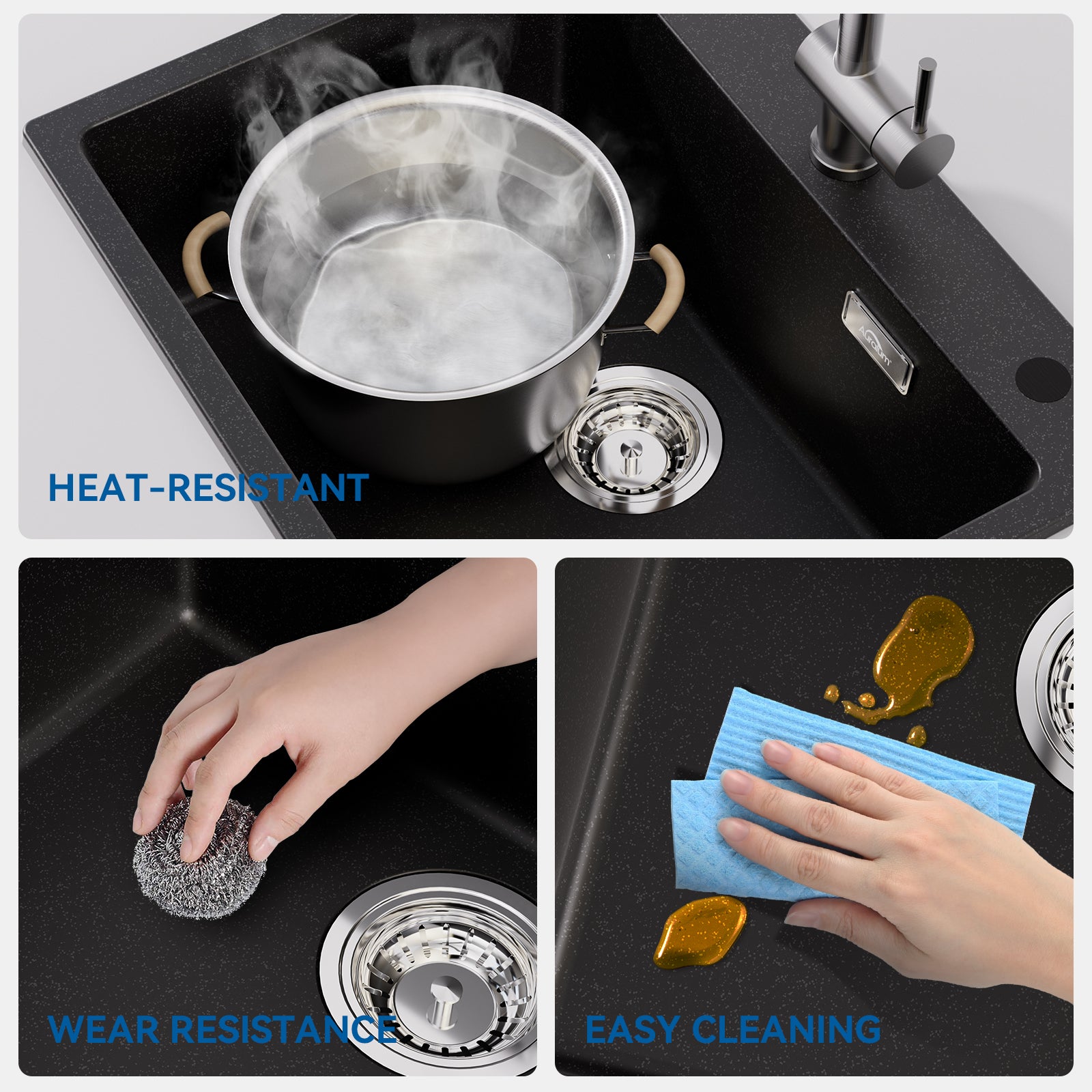 Évier Cuisine 1 Bac en Granit,55*45*20cm,Kit de Vidage,Évier Cuisine Encastré,Trous de Montage pour Robinet/Distributeur Savon - 5