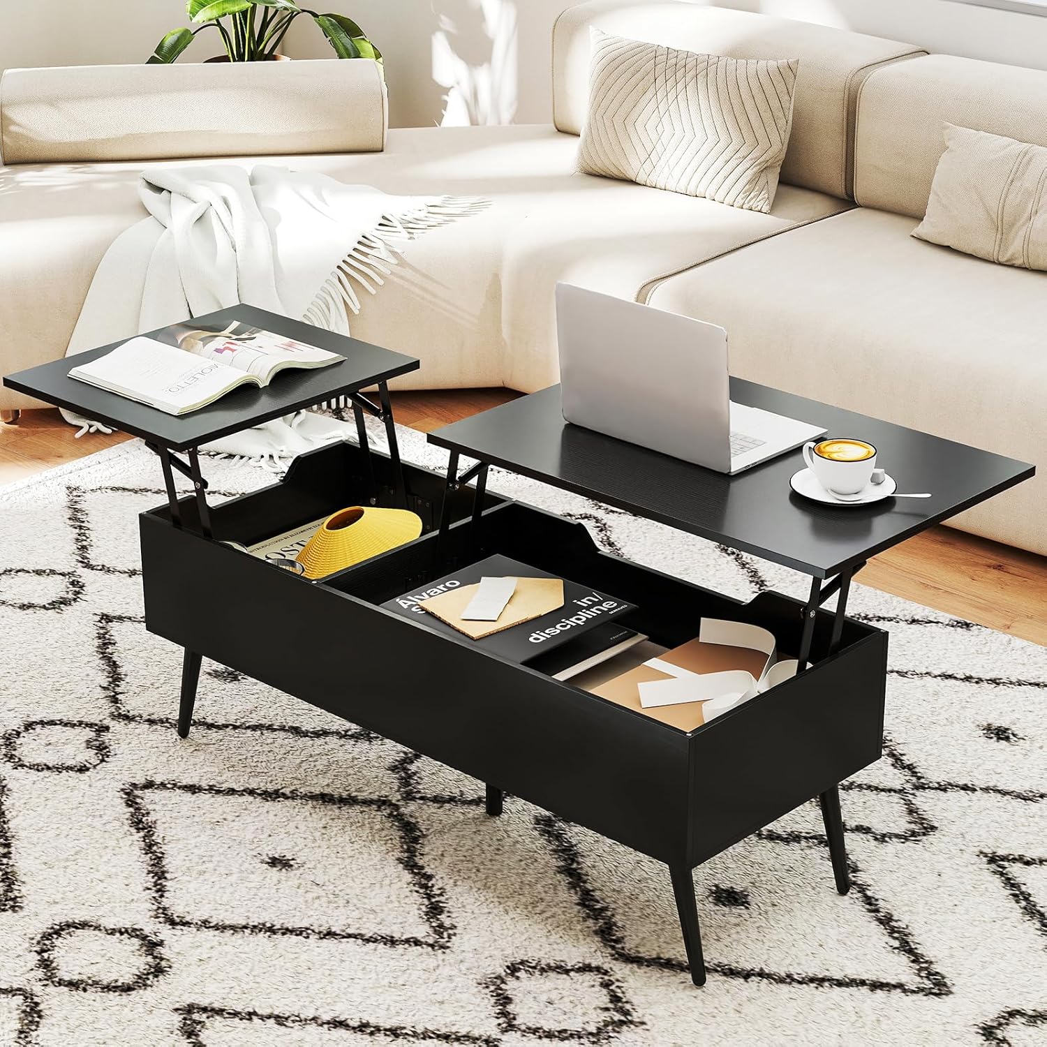 Podnoszony Stolik Kawowy z Schowkiem, Stolik Salonowy z Podnoszonym Blatem, Ukrytymi Przegrodami i 2 Podnoszonymi Blatami, 111x48x40-53,5 cm, Czarny