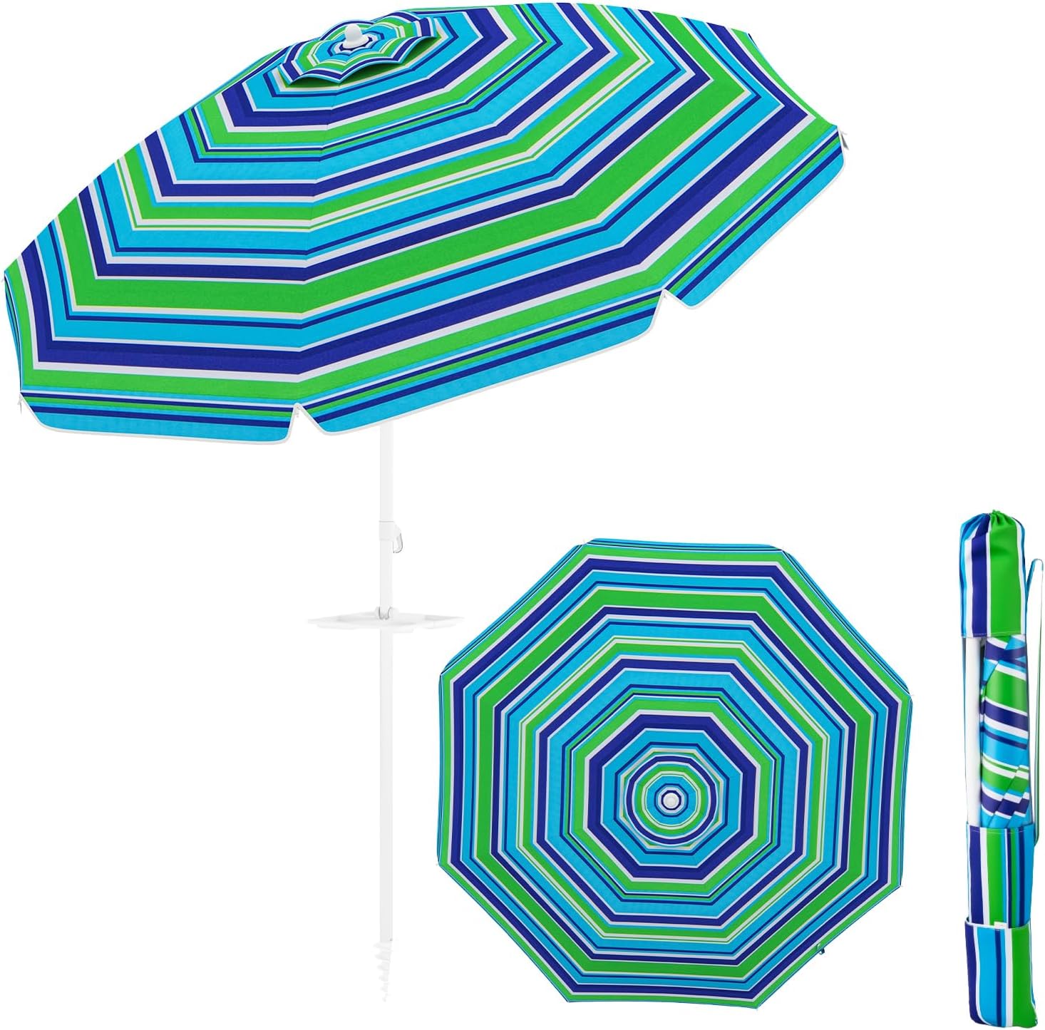 Parasol przeciwsłoneczny, 200 cm, na plażę, z uchwytem na napoje, zginany o 30°, ochrona przed słońcem z ostrzem do wbijania w ziemię, na balkon, do