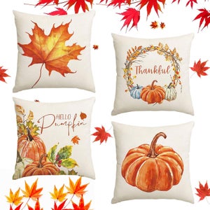 Lot De 4 Taies D'Oreiller Automne 18x18 - Microfibre Orange - Déco Citrouille Moderne