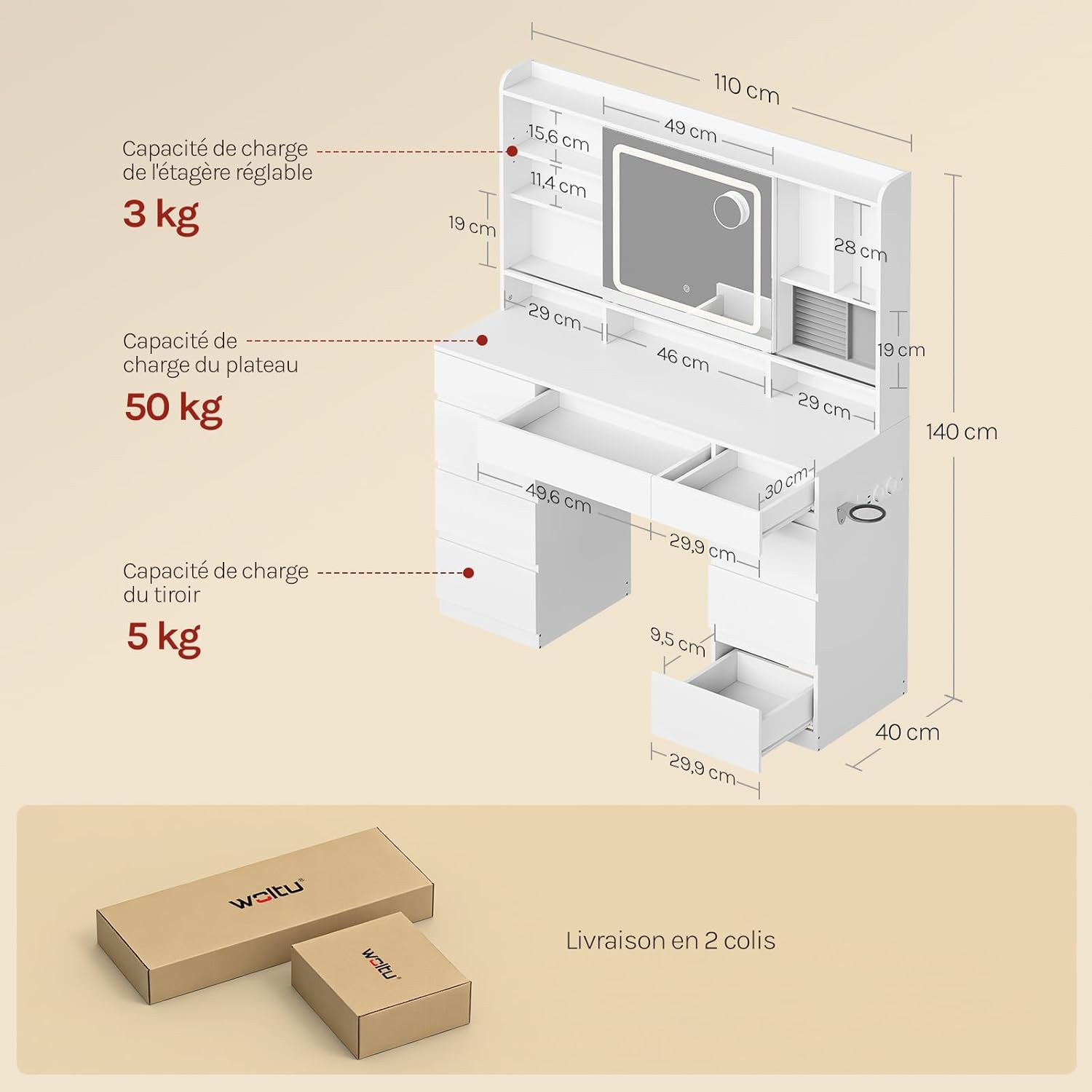 WOLTU Coiffeuse avec Miroir LED Coulissant, Grande Coiffeuse avec 9 Tiroirs, Luminosité Réglable, en Bois, Blanc - 4