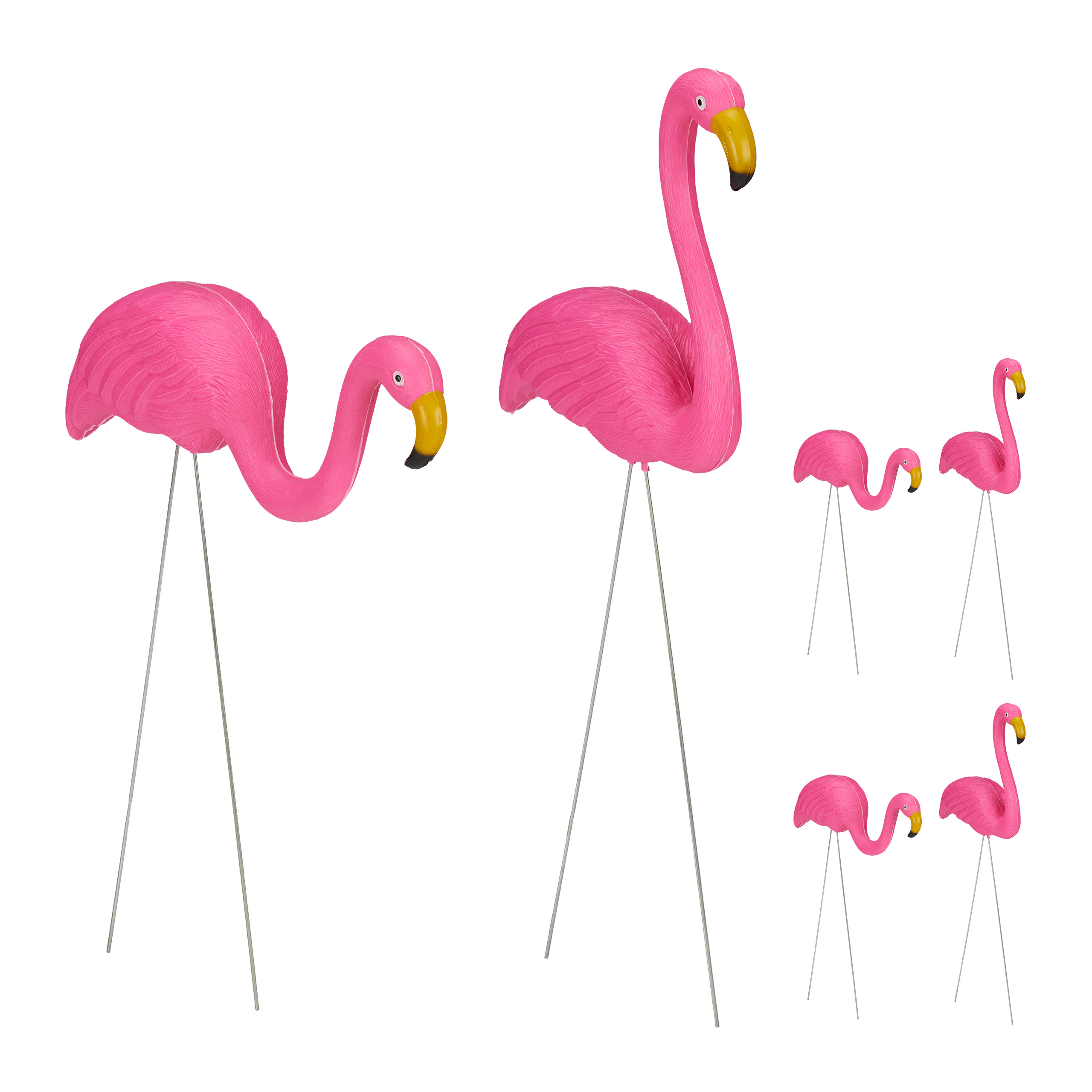 6 flamencos para jardín, mona decoración de exterior, toque tropical, figuras plástico estanque, metal, 2 tamaños, rosa