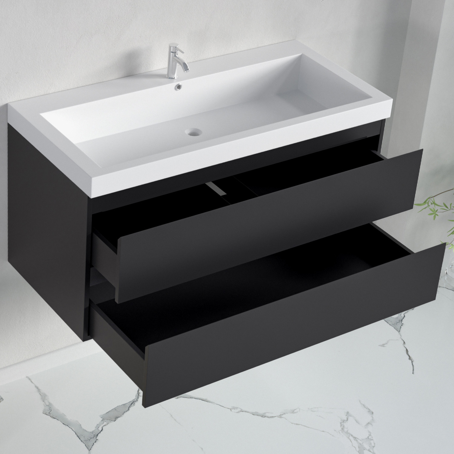 Ensemble meuble vasque 100 cm avec colonne - LOMAZOO Avalon - noir mat - lavabo blanc - 3