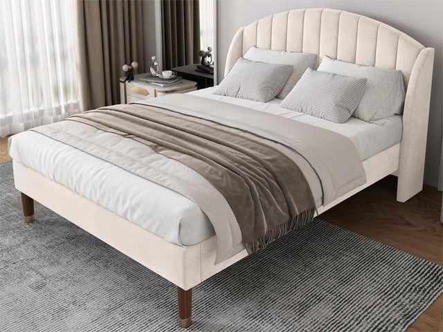 Letto imbottito 160x200cm in velluto con rete a doghe - Beige